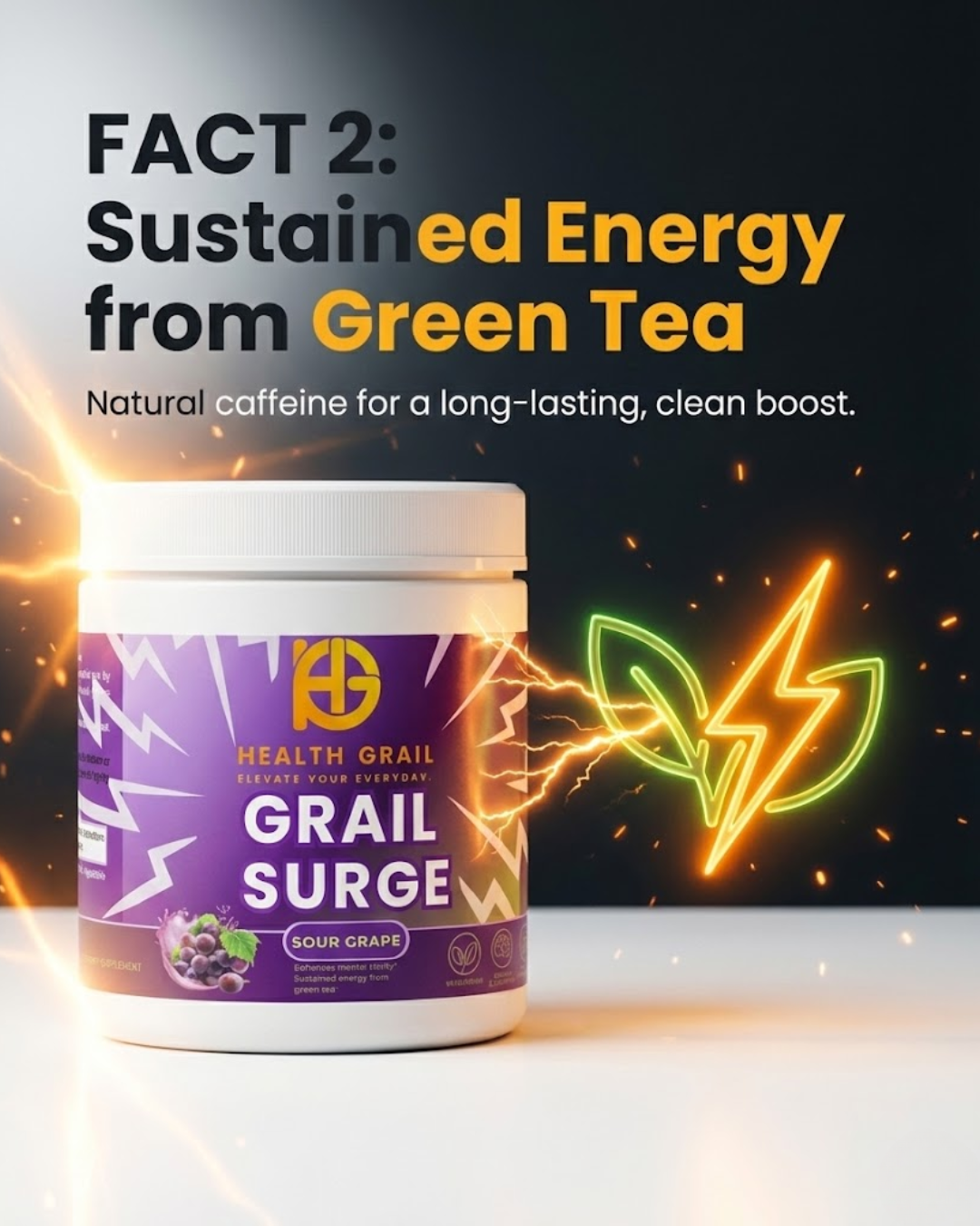 Health Grail Grail Surge supplement container with green tea graphics and text about sustained energy.