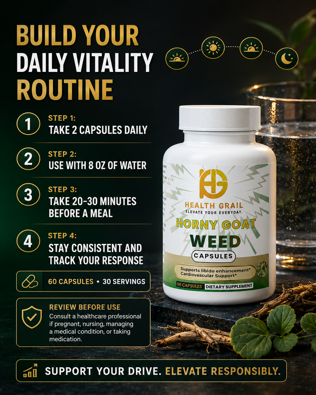 A bottle of Health Grail Horny Goat Weed Capsules centered on a dark promotional graphic with text instructions on the left, a glass of dark liquid on the right, and decorative leaves and wood at the bottom.