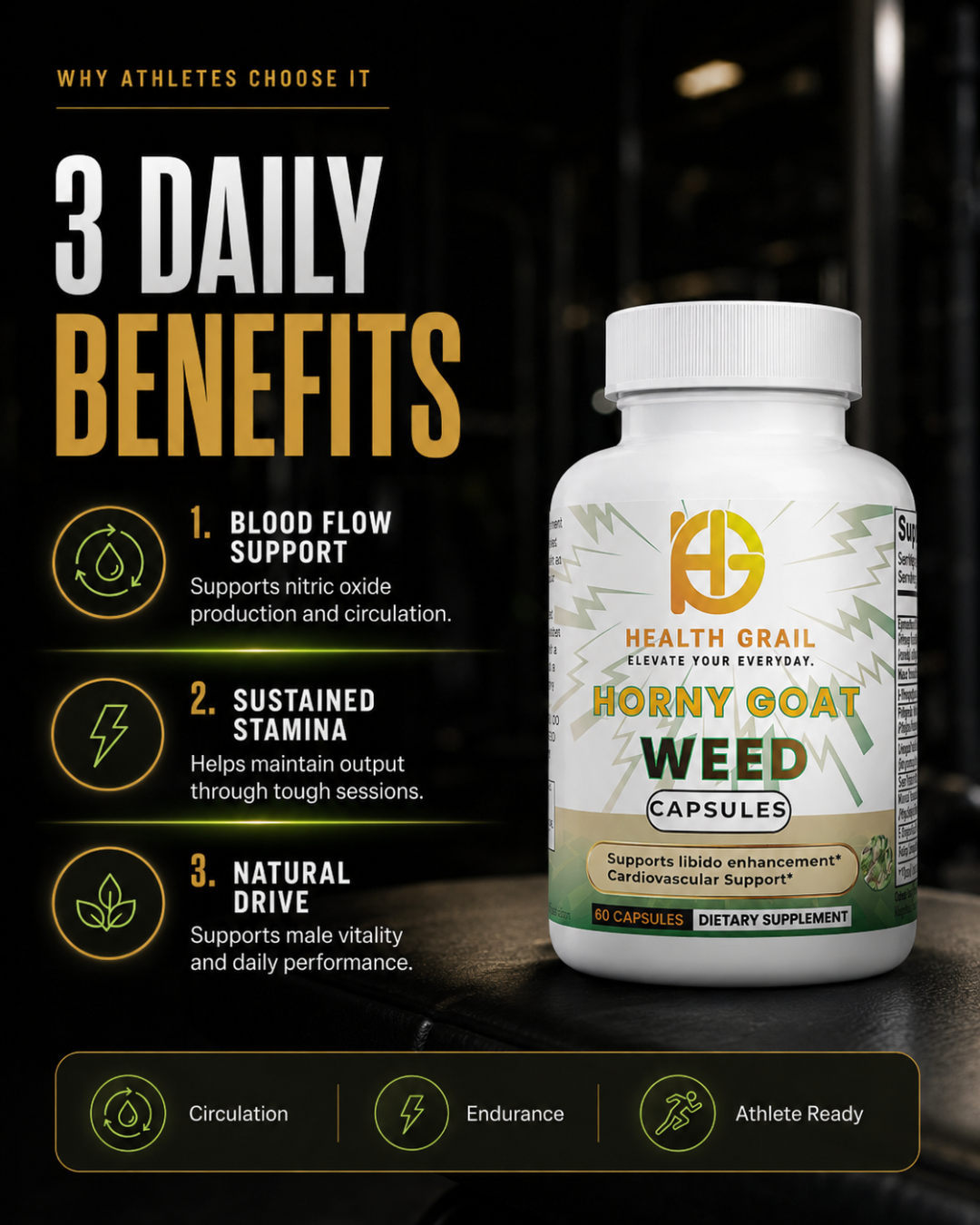 Health Grail Horny goat weed supplement bottle with benefits listed on a dark background