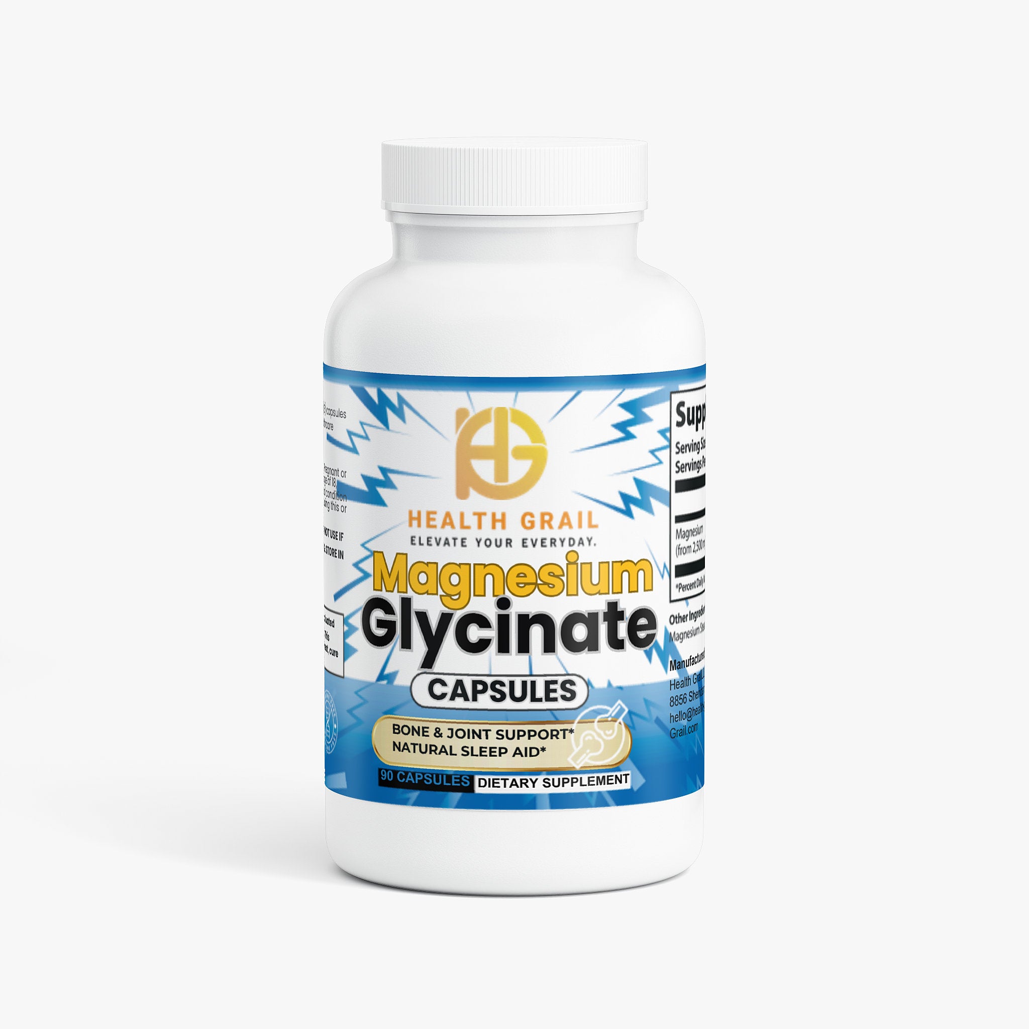 Bottle of Health Grail Magnesium Glycinate capsules on a white background