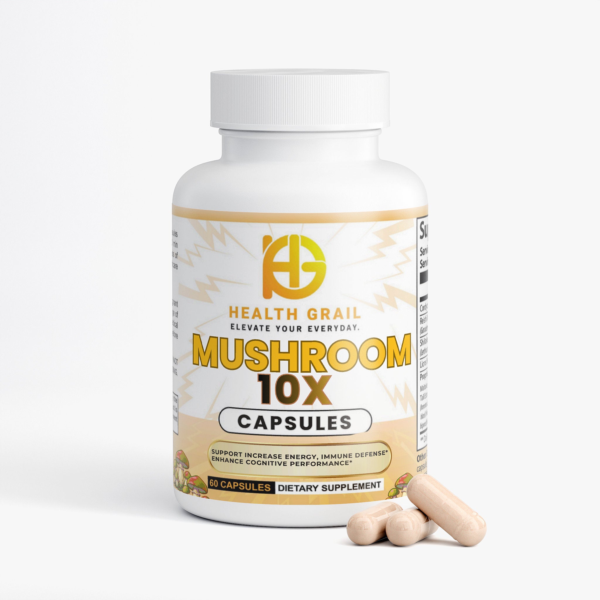 A white bottle of Health Grail Mushroom 10X Capsules with three beige capsules resting in front on a clean white background.