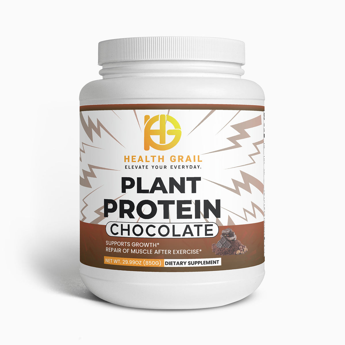 Health Grail plant protein chocolate supplement container on a white background