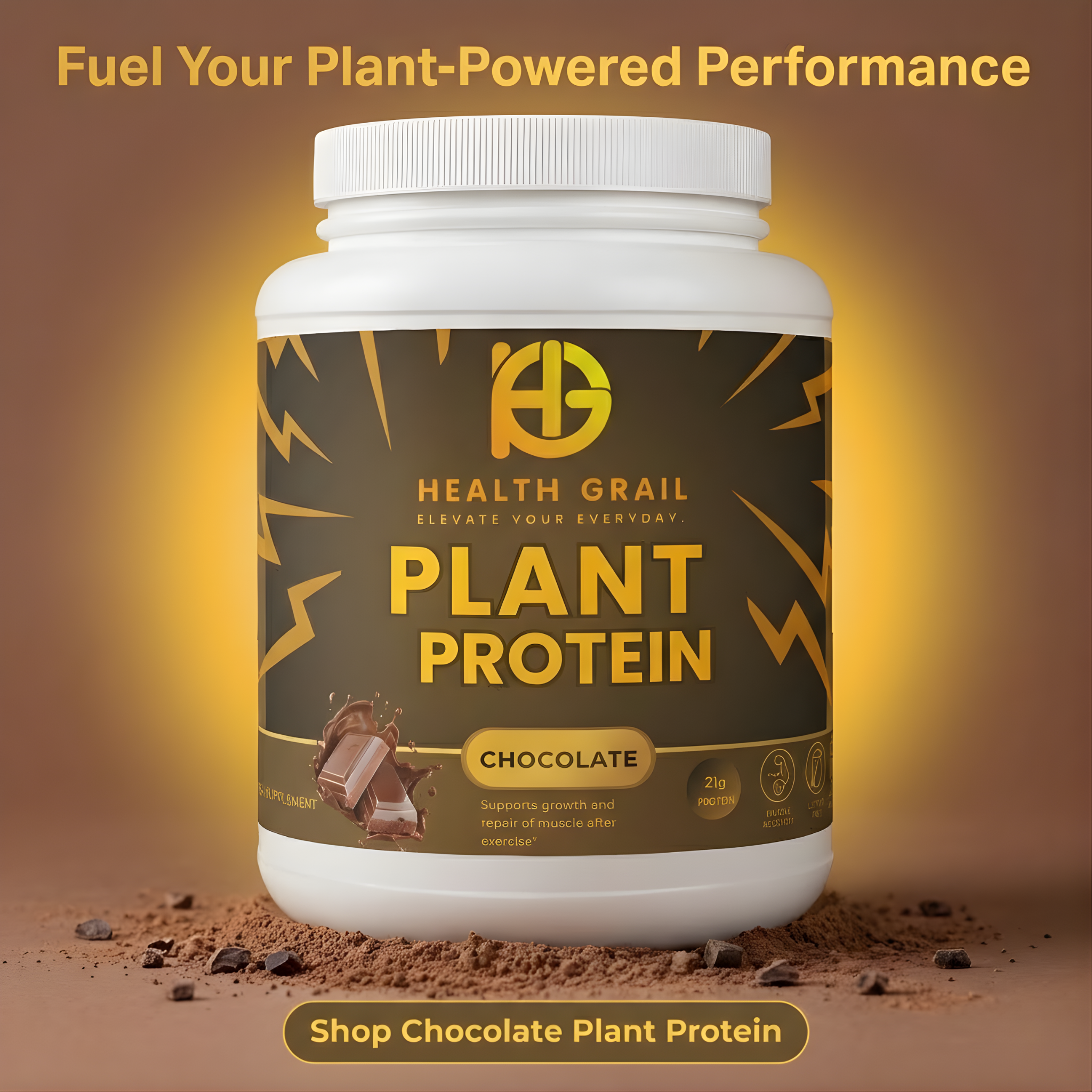 Health Grail Plant Protein container with chocolate flavor on a brown background