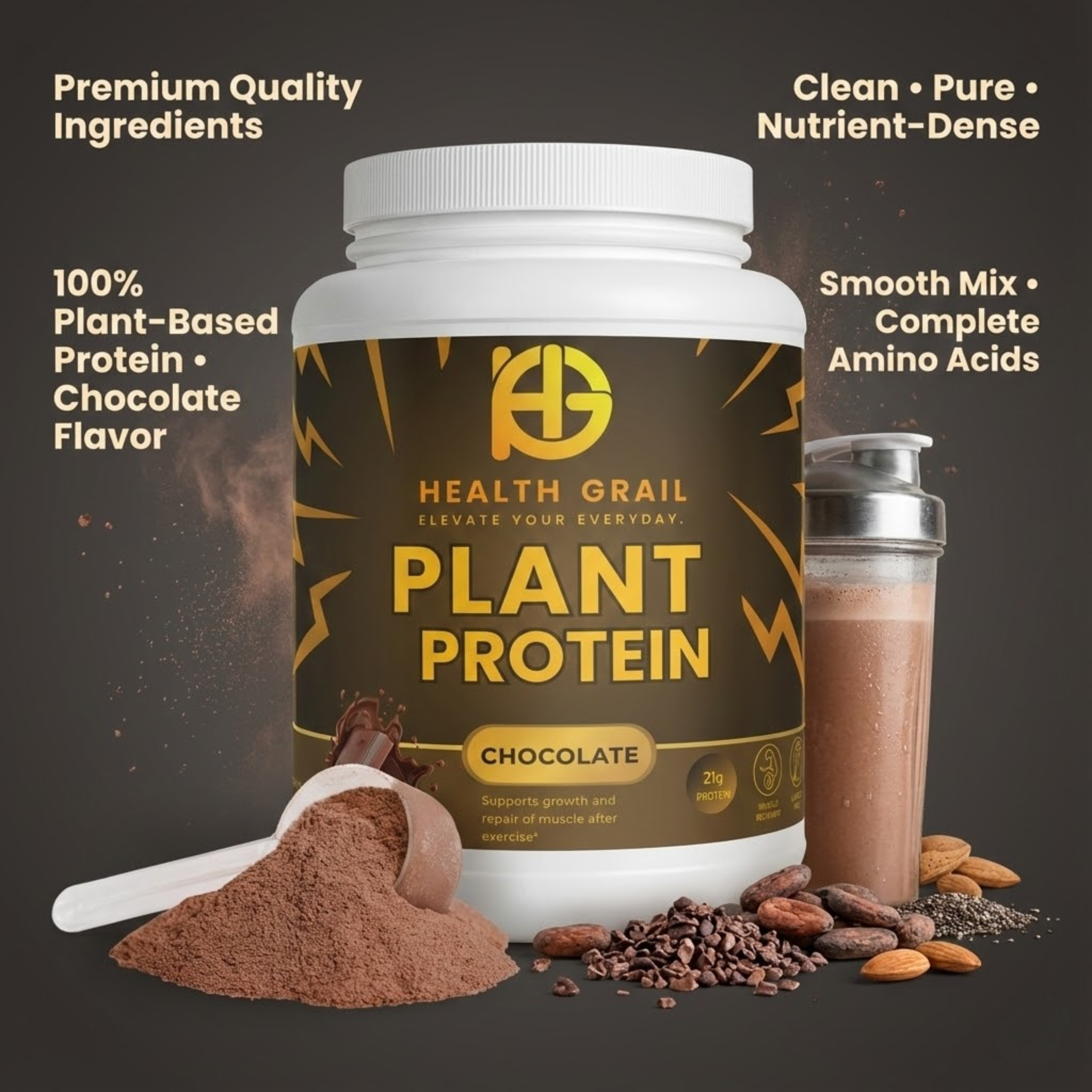 Health Grail Plant Protein container with chocolate flavor, surrounded by protein powder and ingredients on a dark background.