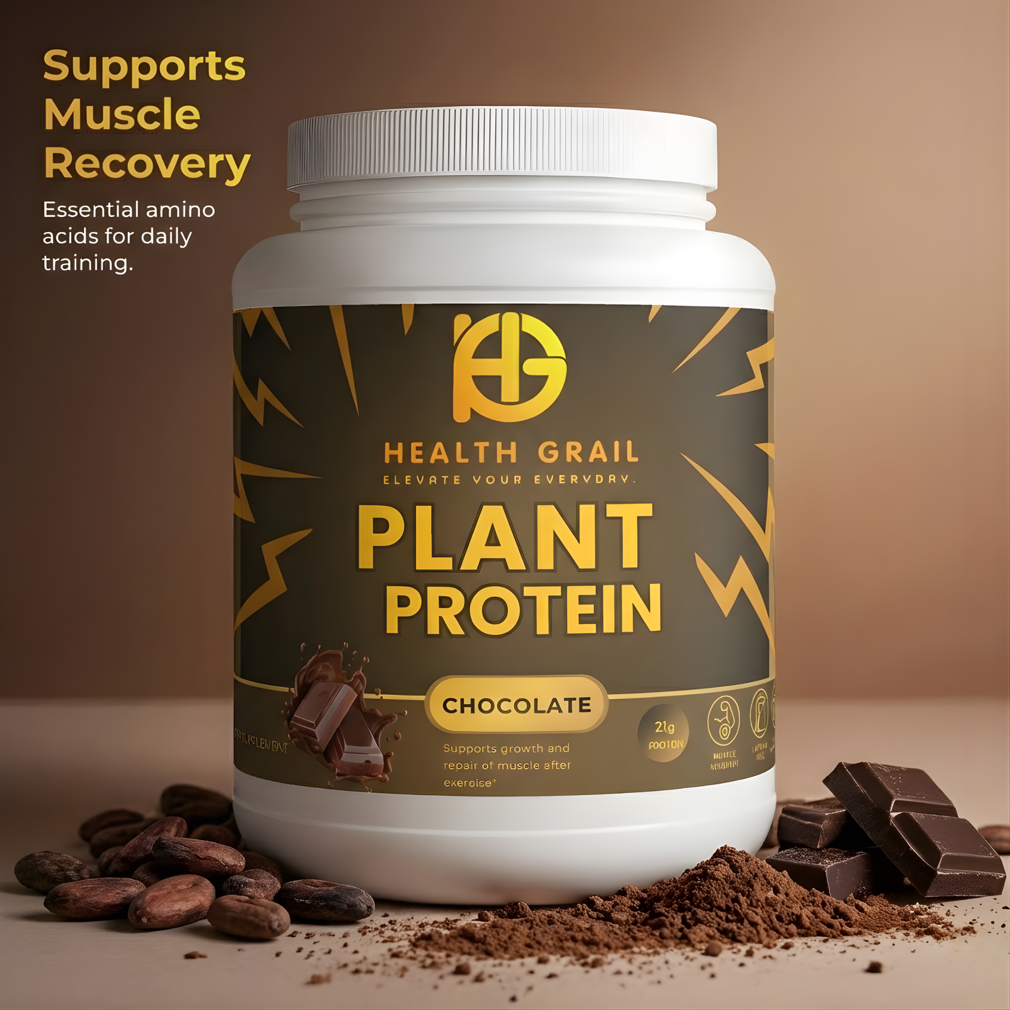 Health Grail Plant Protein container with chocolate flavor on a brown background