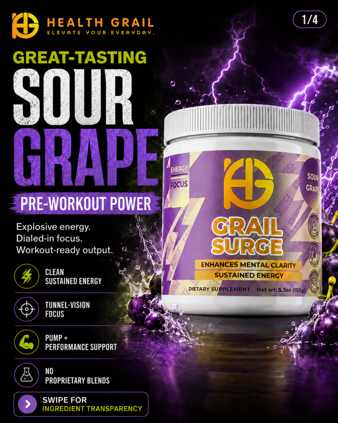 Pre-workout supplement container with 'Health Grail' branding on a dark background with purple lighting effects.