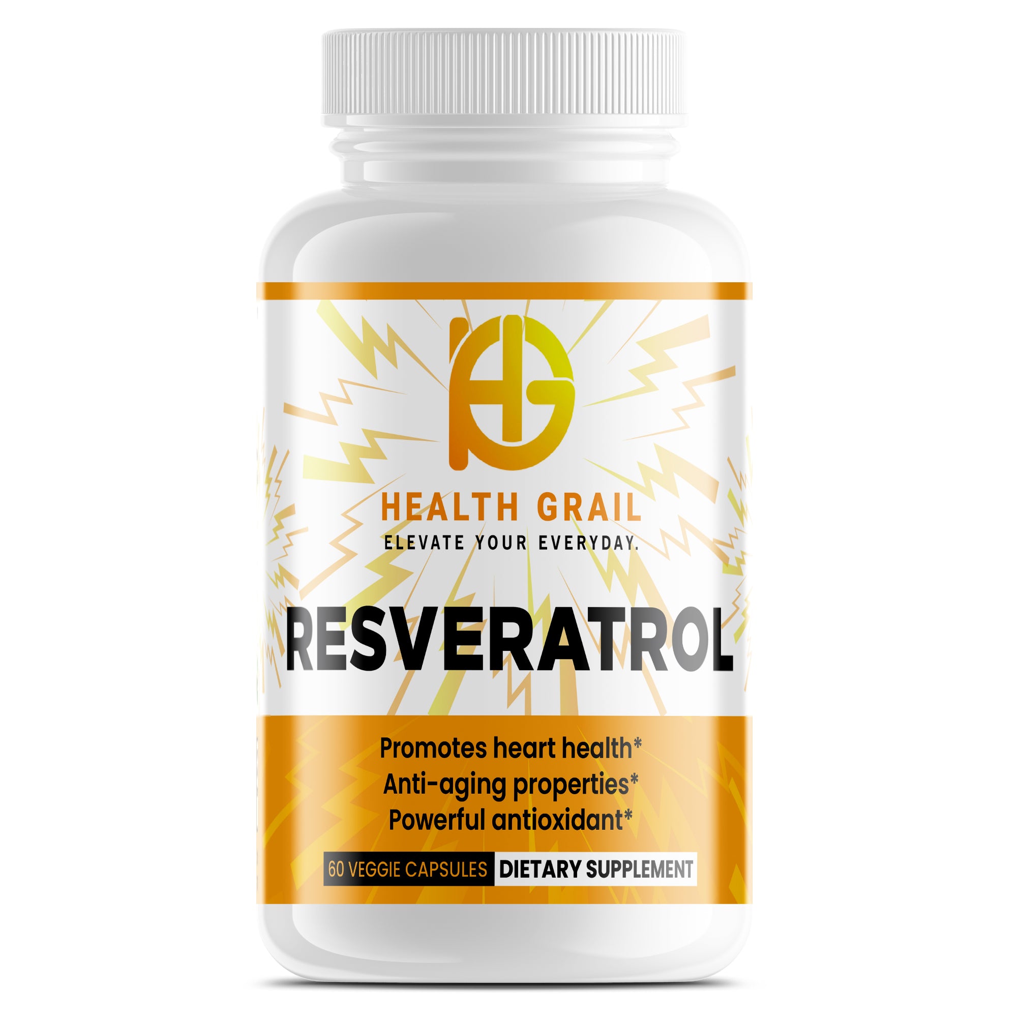 Supplement bottle labeled 'Health Grail Resveratrol' on a white background