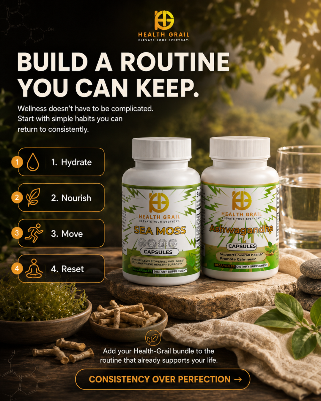 Two Health Grail Sea Moss capsules bottles displayed on a rustic wooden slice with a glass of water, surrounded by herbal elements and leaves, with promotional text overlays.