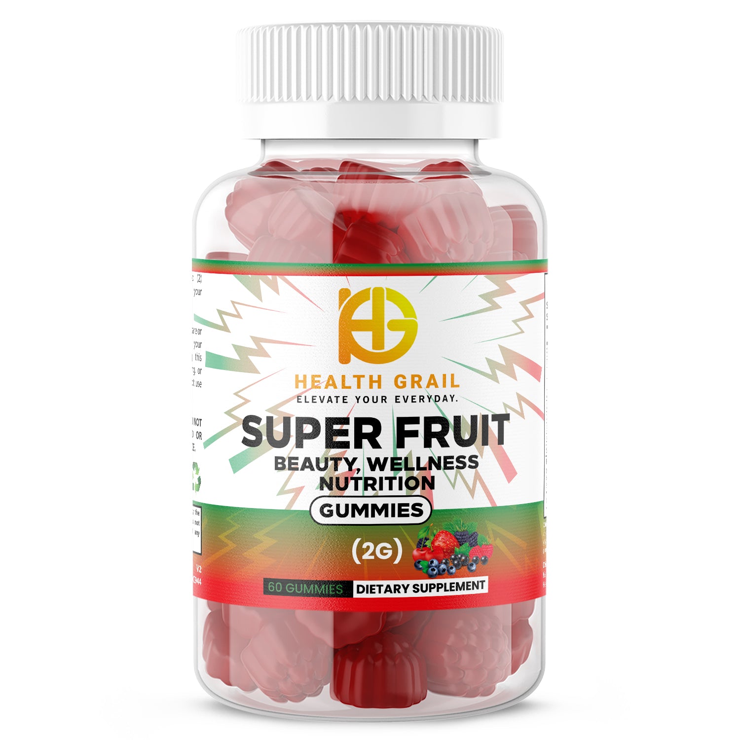 Bottle of Health Grail Super Fruit Gummies on a white background