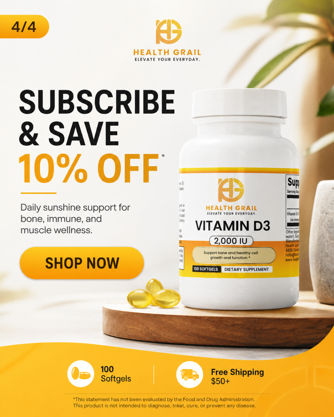 Health Grail Vitamin D3 supplement with promotional text on a white background