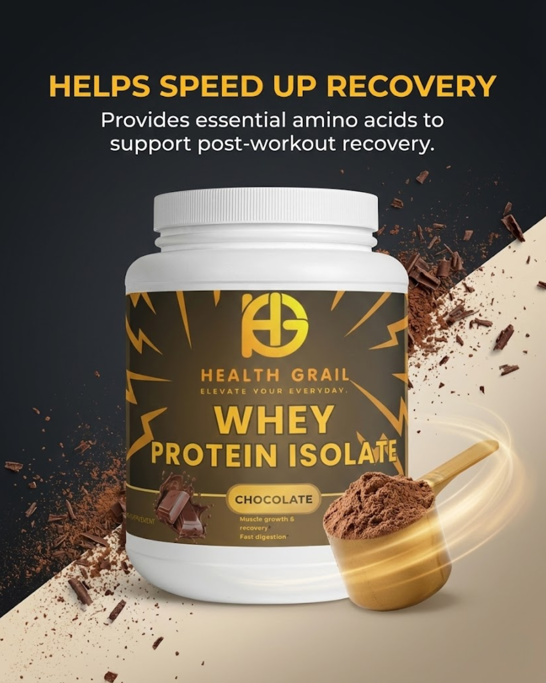 Health Grail Whey Protein Isolate container with chocolate flavor on a dark background