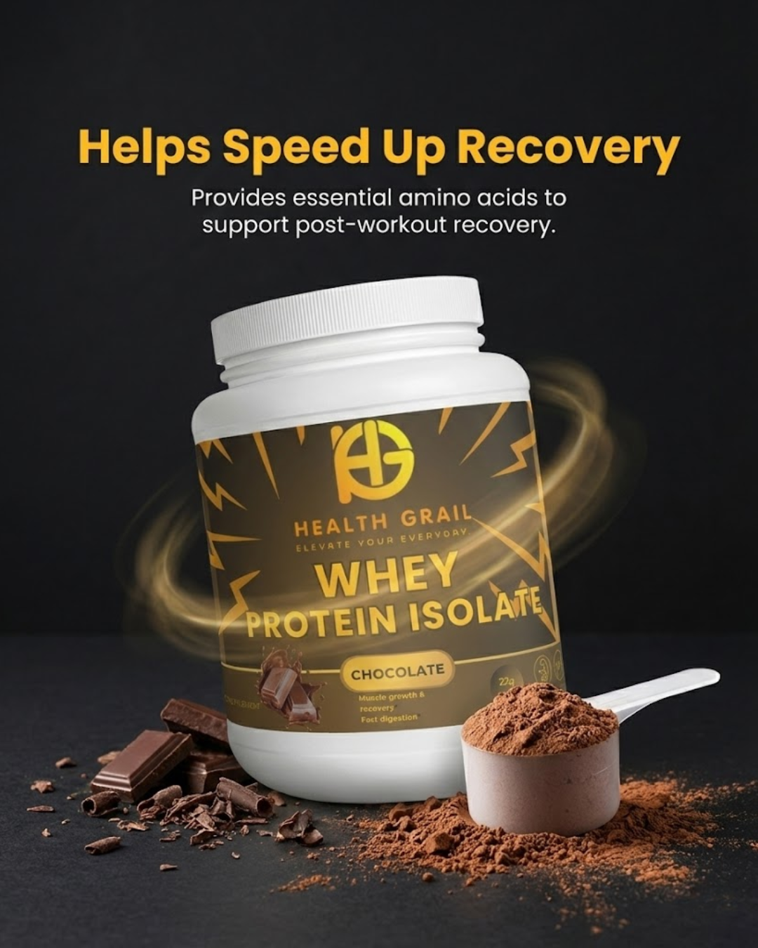 Health Grail Whey Protein Isolate container with chocolate pieces and a scoop on a dark background