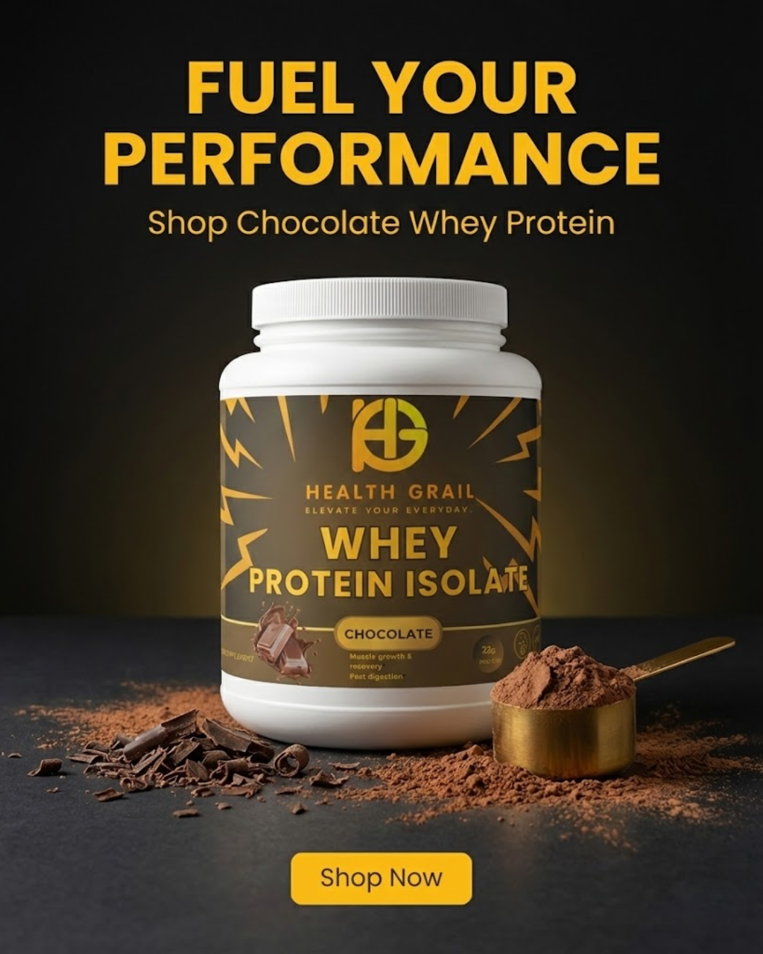 Health Grail Whey Protein Isolate container with chocolate powder and a scoop on a dark background.