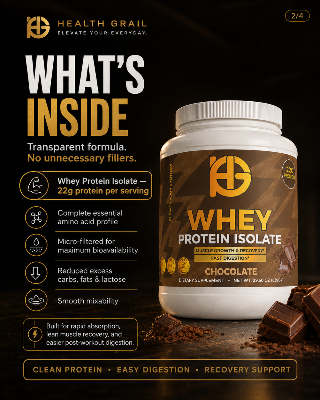 Whey protein isolate container with Health Grail branding on a dark background