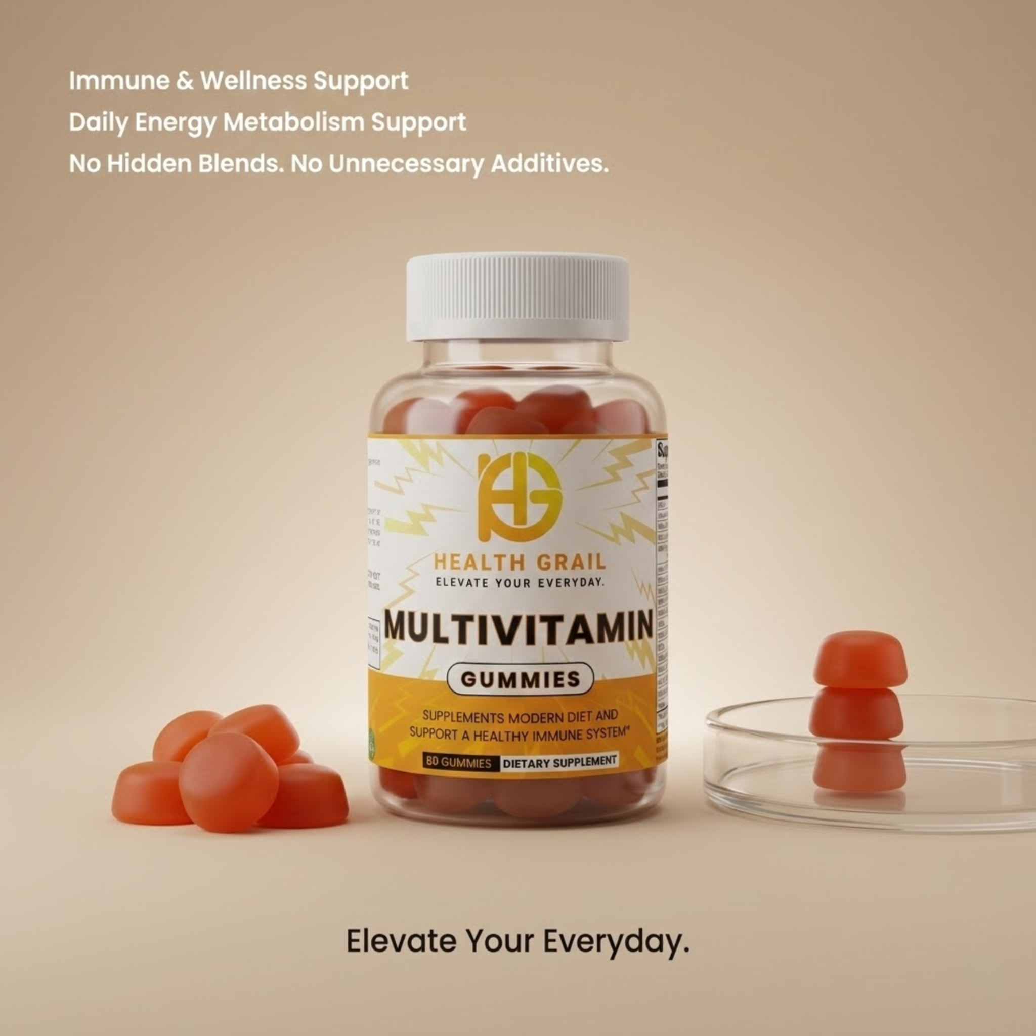 Health Grail multivitamin gummies bottle with gummies on a beige background