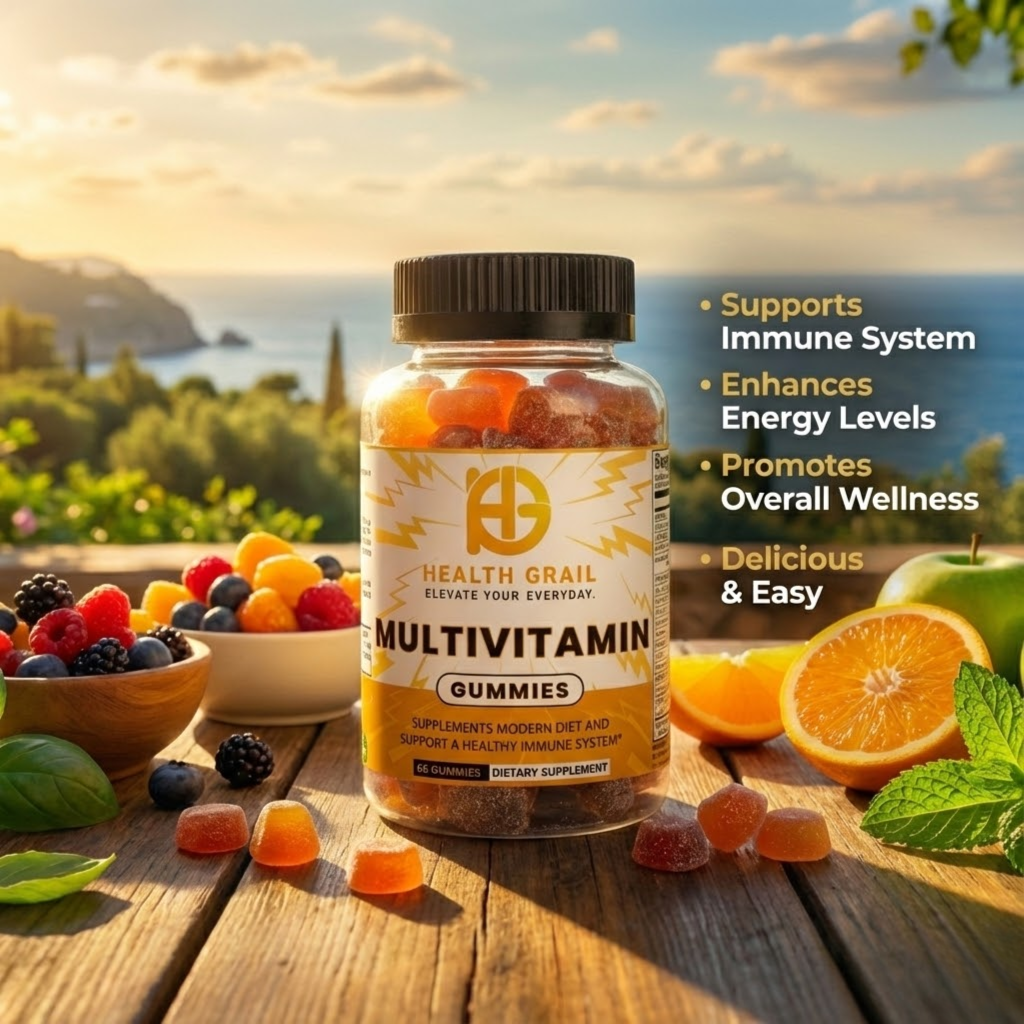 Health Grail multivitamin gummies bottle with outdoor scenery
