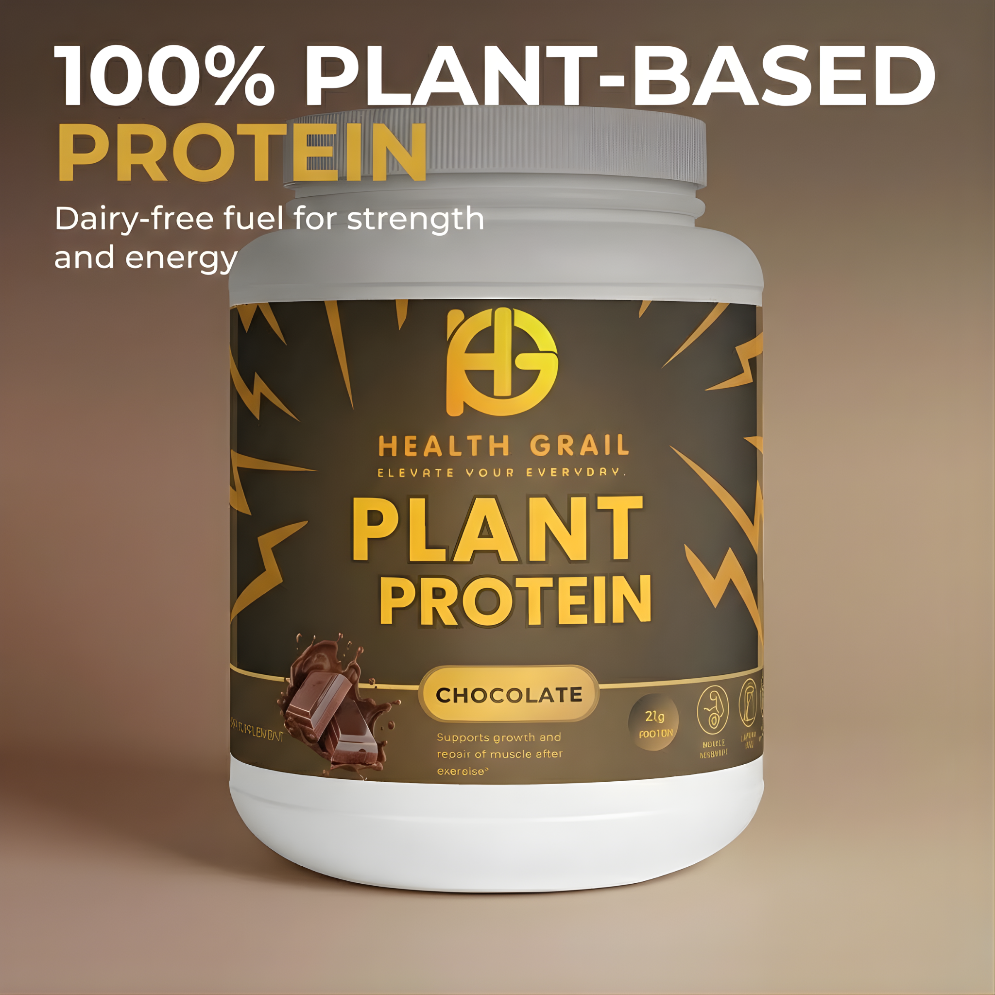 Health Grail plant protein powder container with a brown background