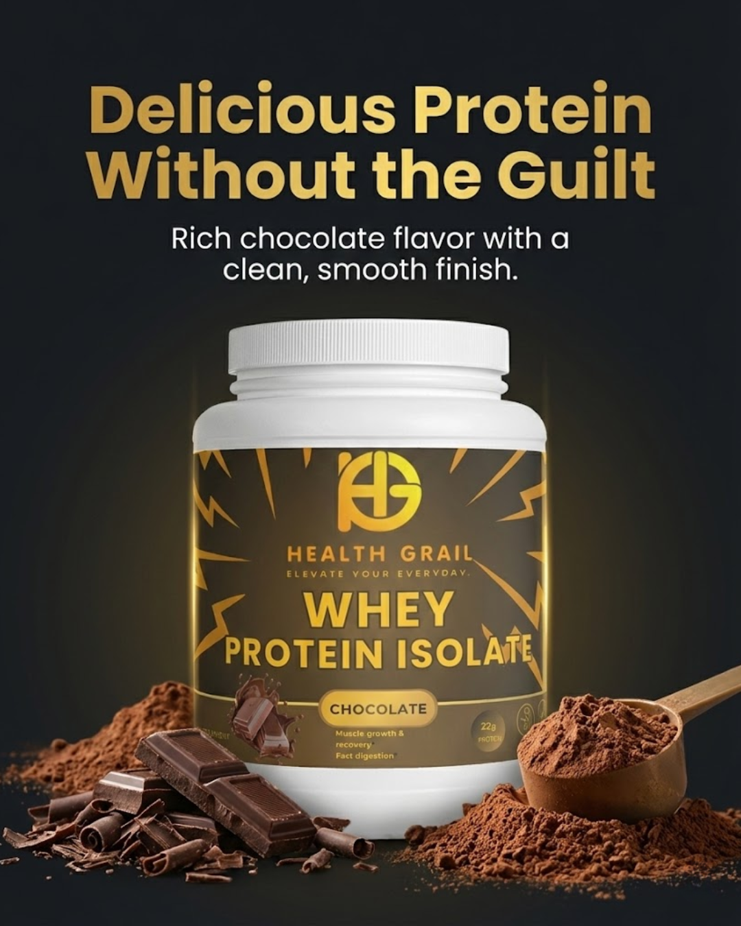 Health Grail whey protein isolate container with chocolate flavor description on a dark background