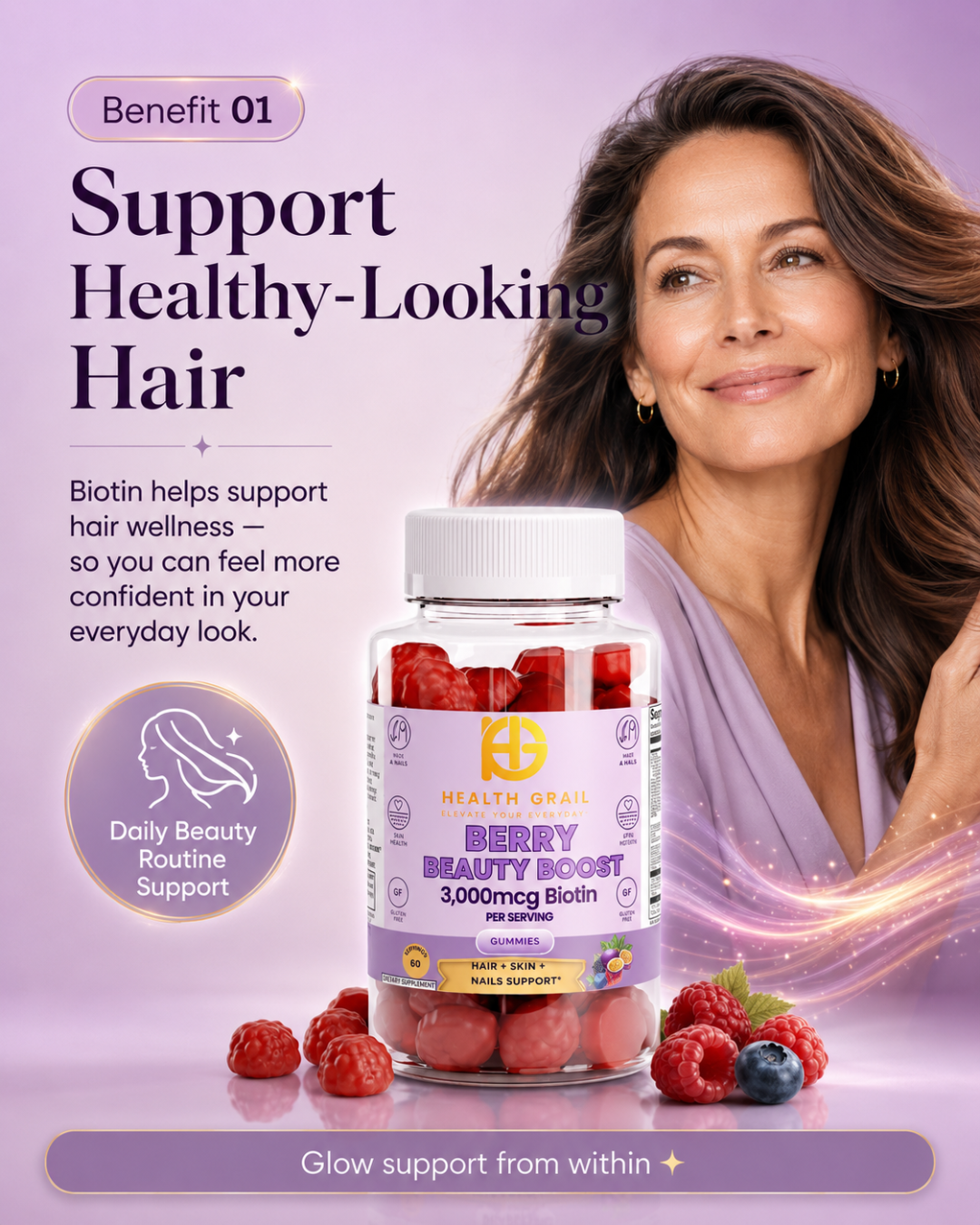 Health Grain Berry Beauty Boost supplement with a woman and text on a purple background