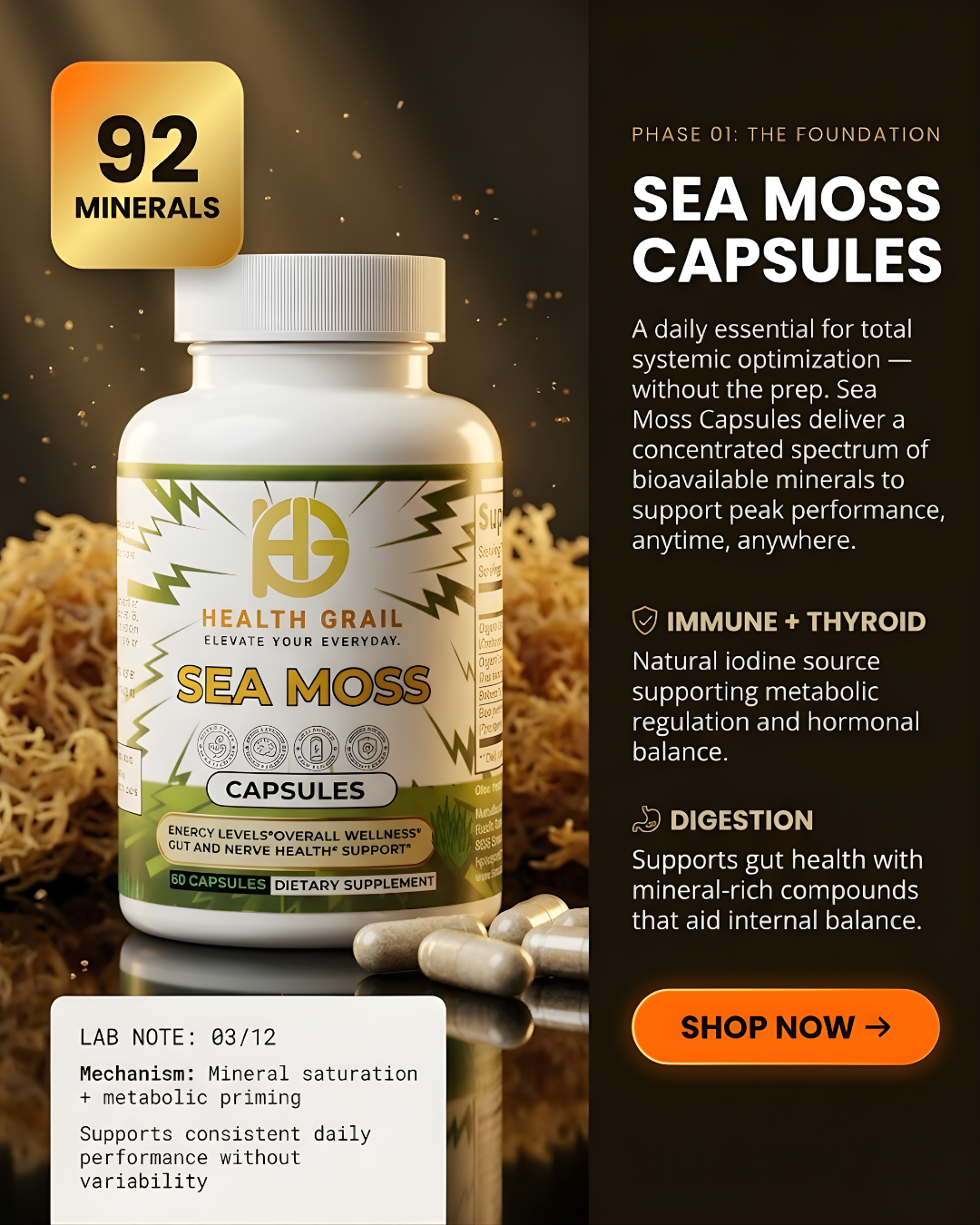 Health Grain Sea Moss Capsules with product details on a dark background