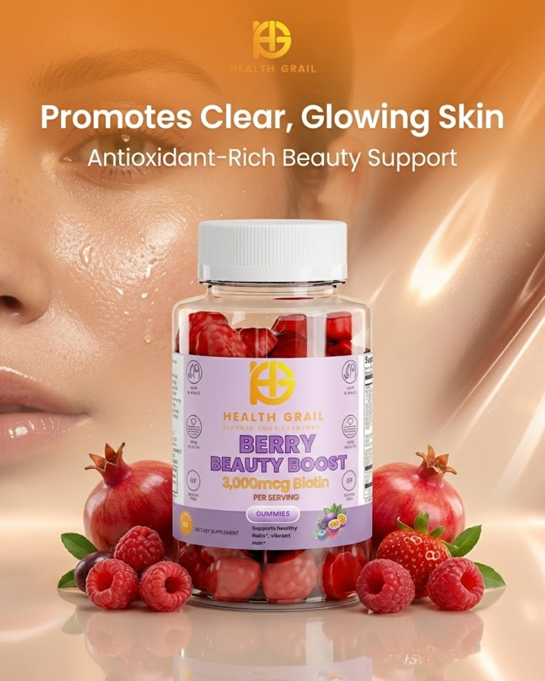 Health Grill Berry Beauty Boost supplement bottle with fruits on a light background