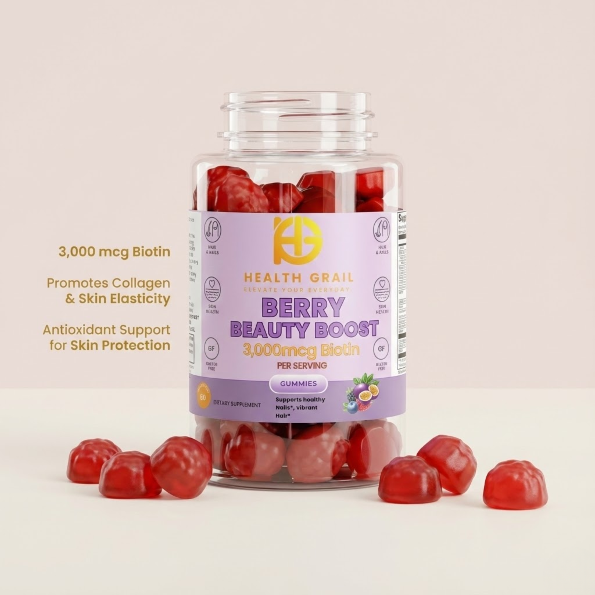 Jar of Health Grail Berry Beauty Boost gummies with a beige background
