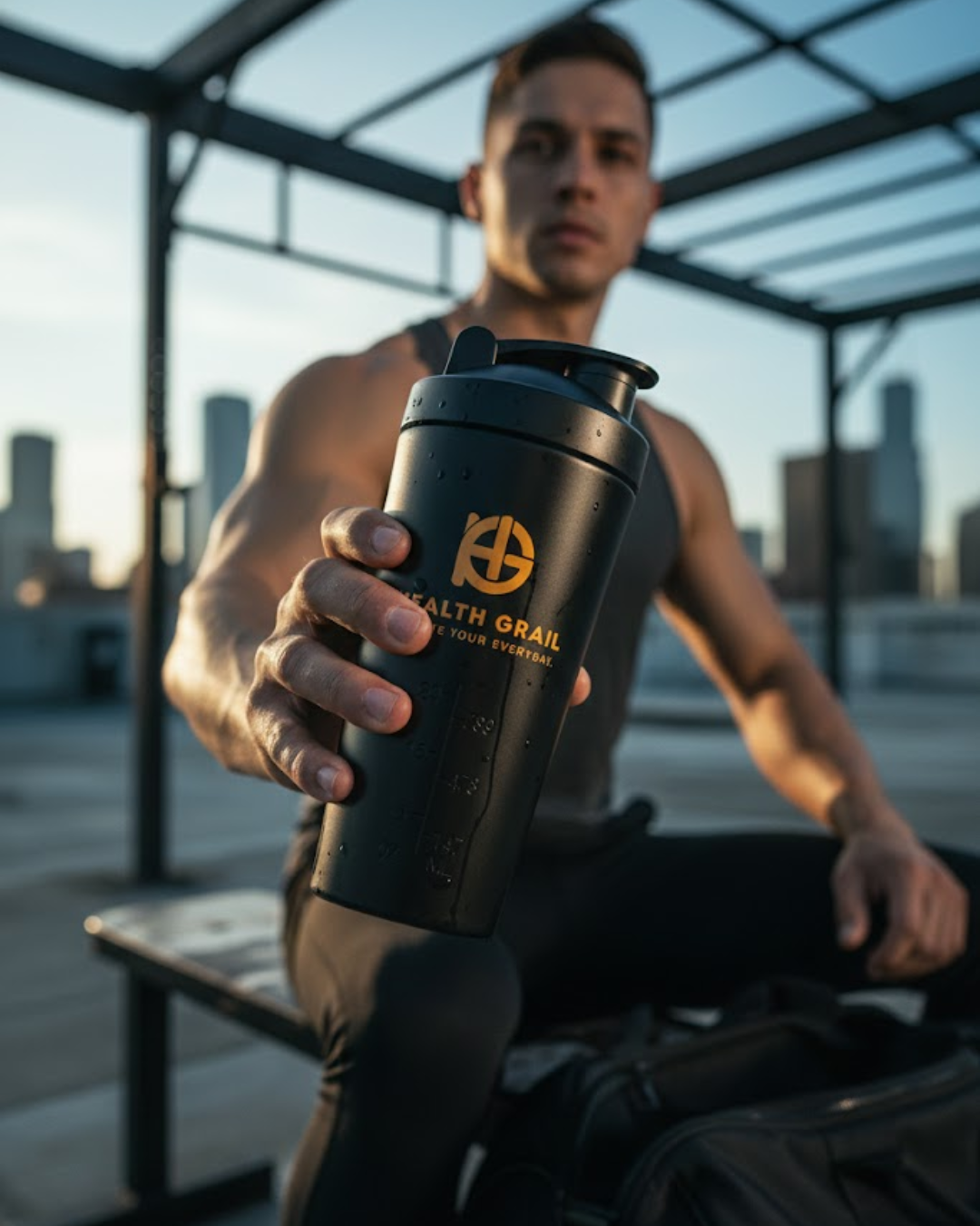 Man holding a black Health Grain supplement shaker cup on a rooftop with cityscape in the background