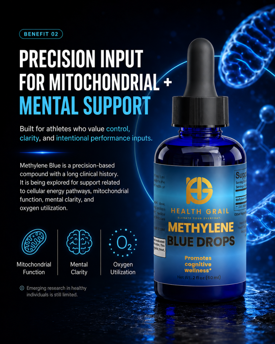 Bottle of Health Grail Methylene Blue Drops with blue and black design on a dark background