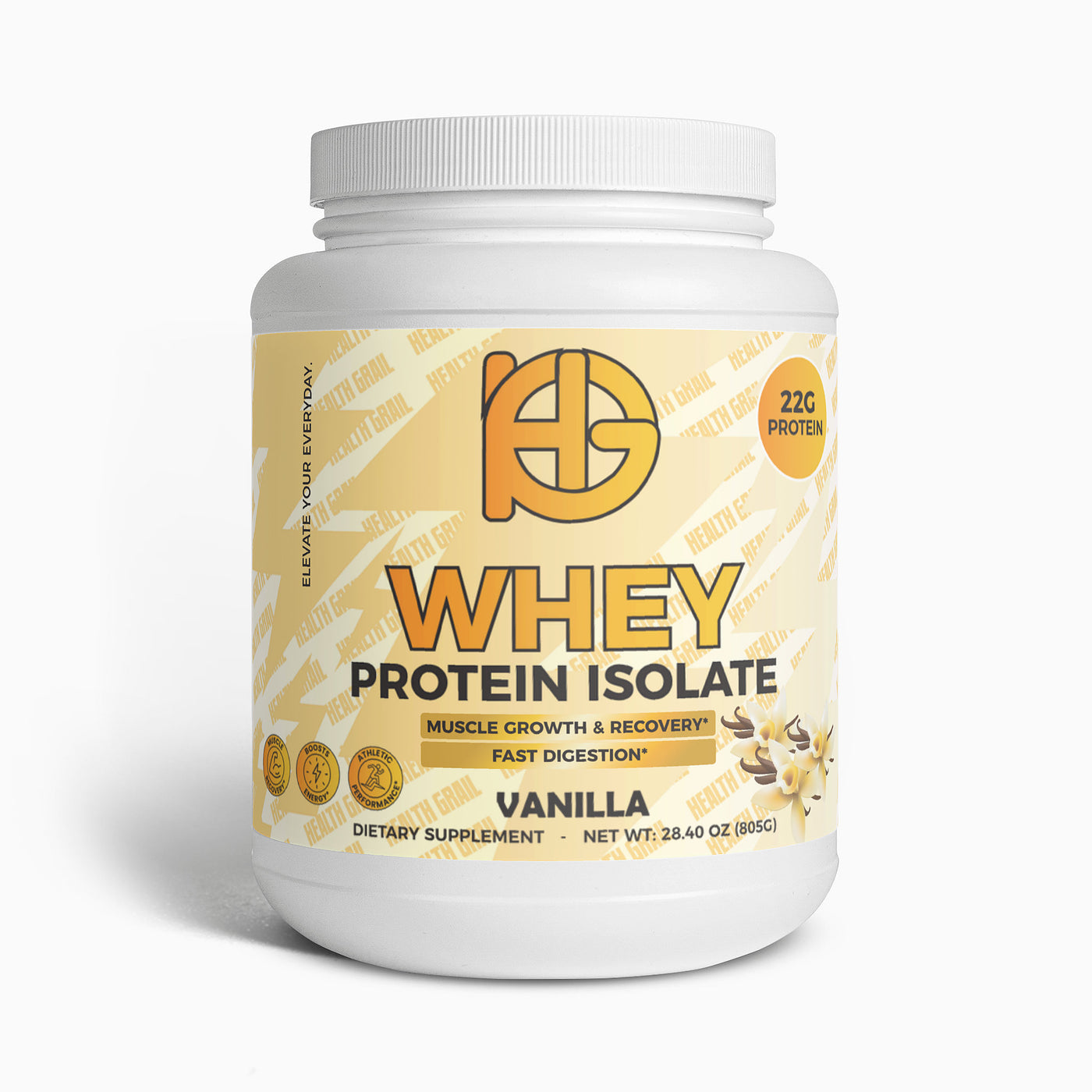 Health-Grail Vanilla Whey Protein Isolate container on a clean white background