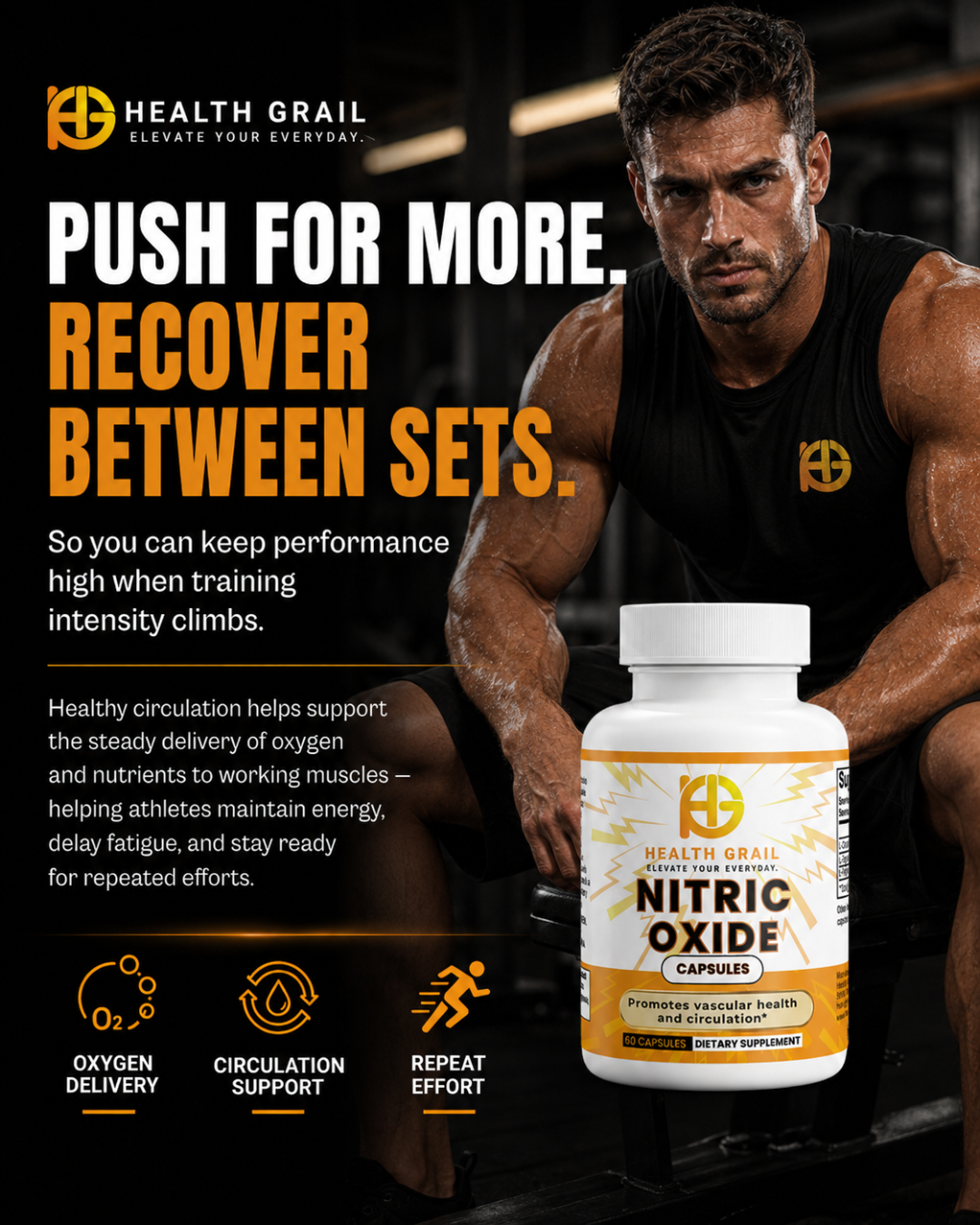 Advertisement for Health Grail Nitric Oxide supplement with a muscular man and product packaging.