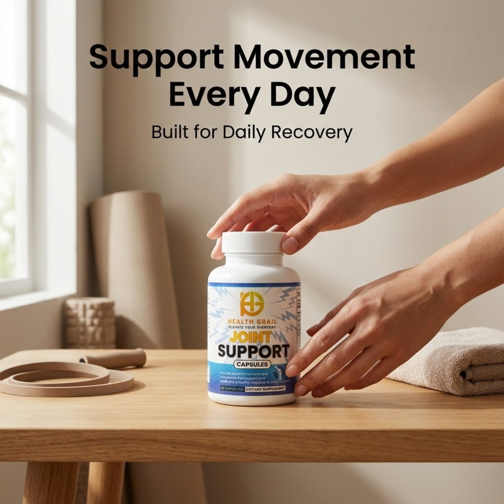 Person holding a bottle of 'Support' capsules on a wooden table with a neutral background.