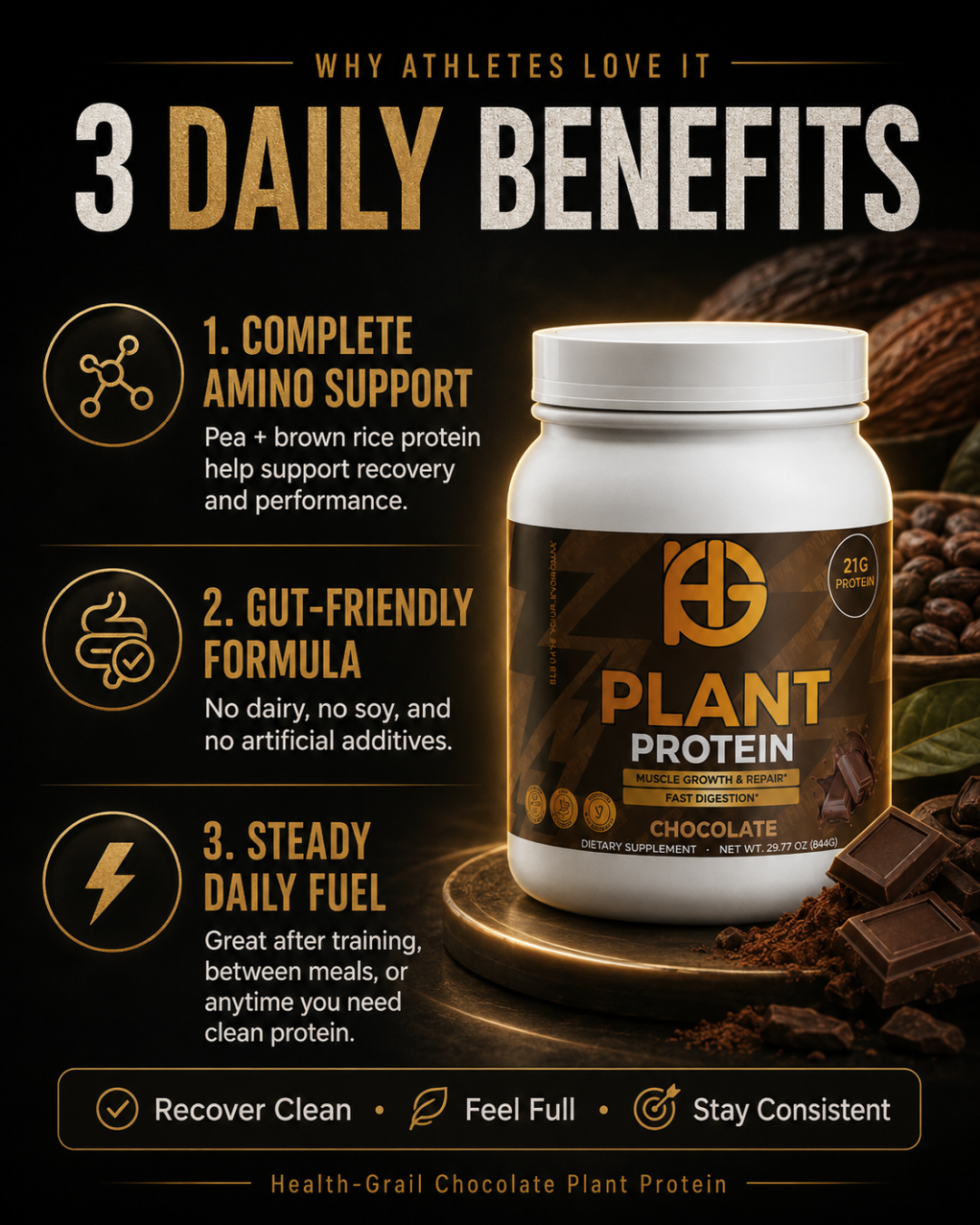 Plant protein supplement container with benefits listed on a dark background