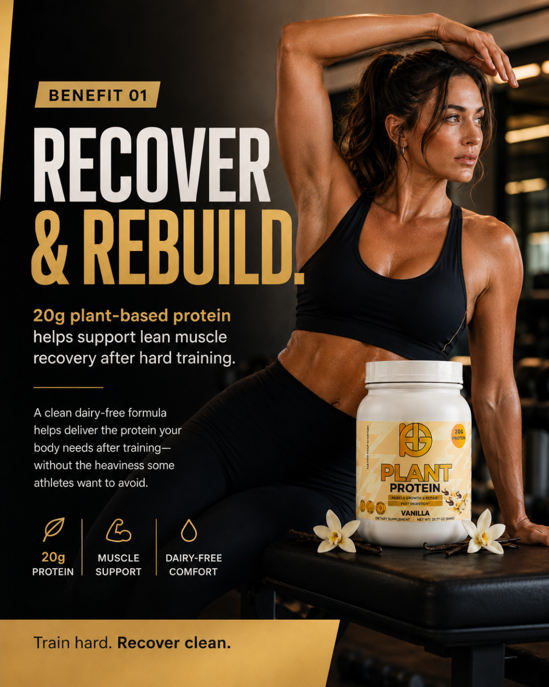 Woman in a gym setting with plant protein powder container, text about recovery and rebuilding.