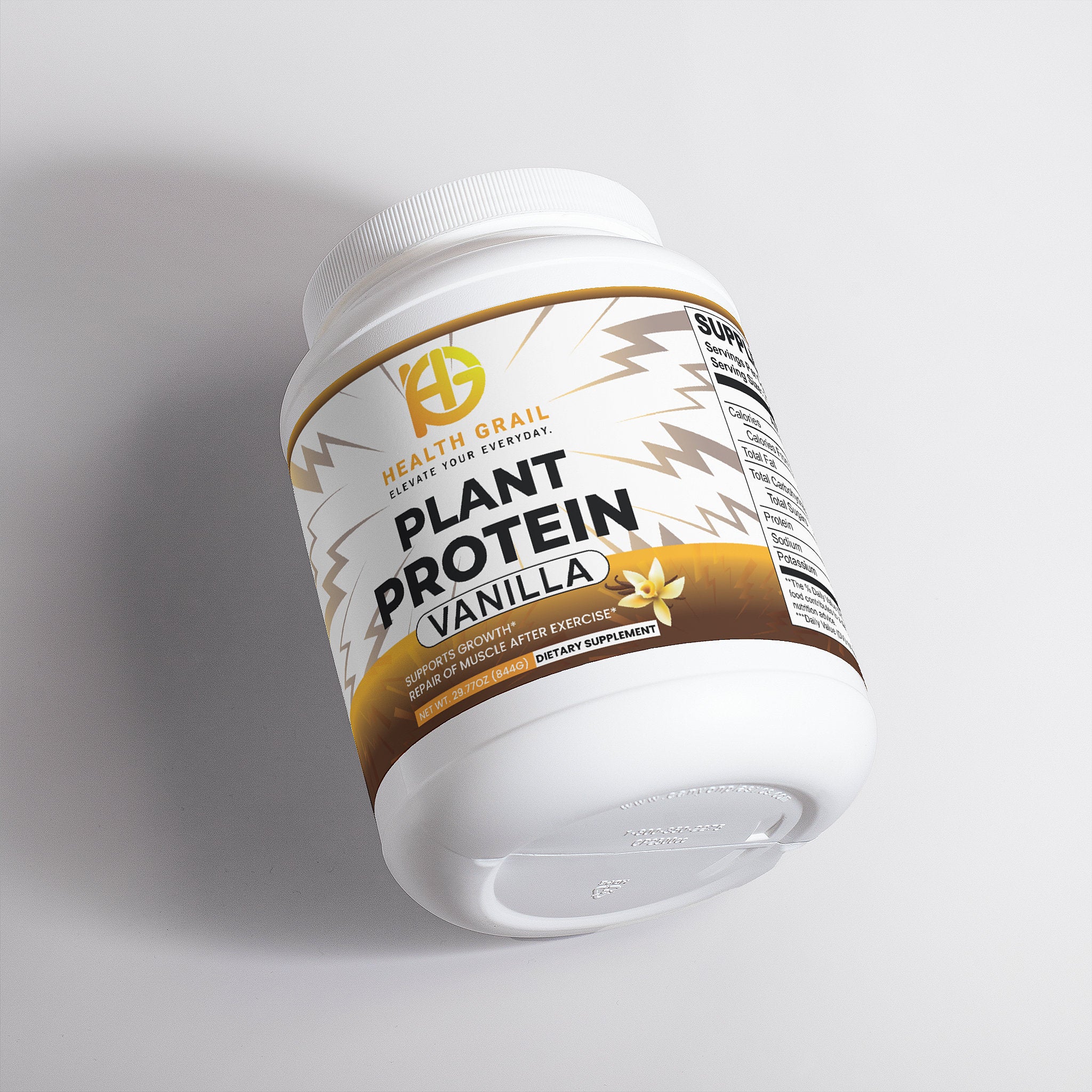 Container of Health Grail plant protein powder in vanilla flavor on a light gray background