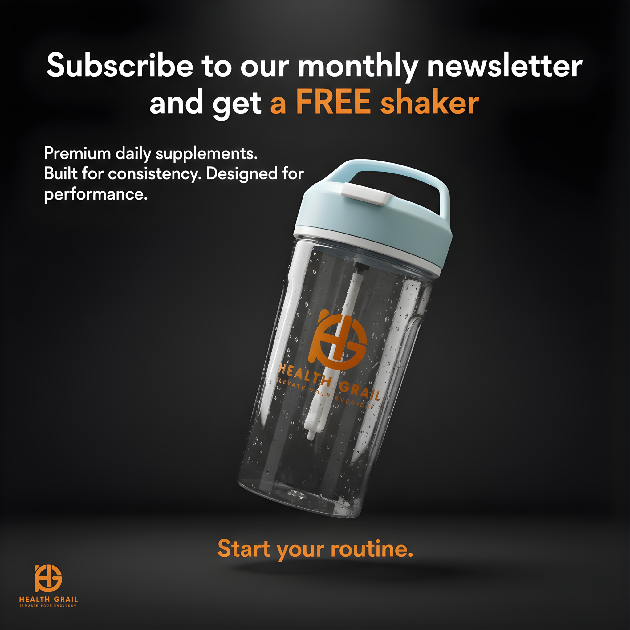 Shaker bottle with Health Grail logo on a black background, promoting a free shaker with newsletter subscription.
