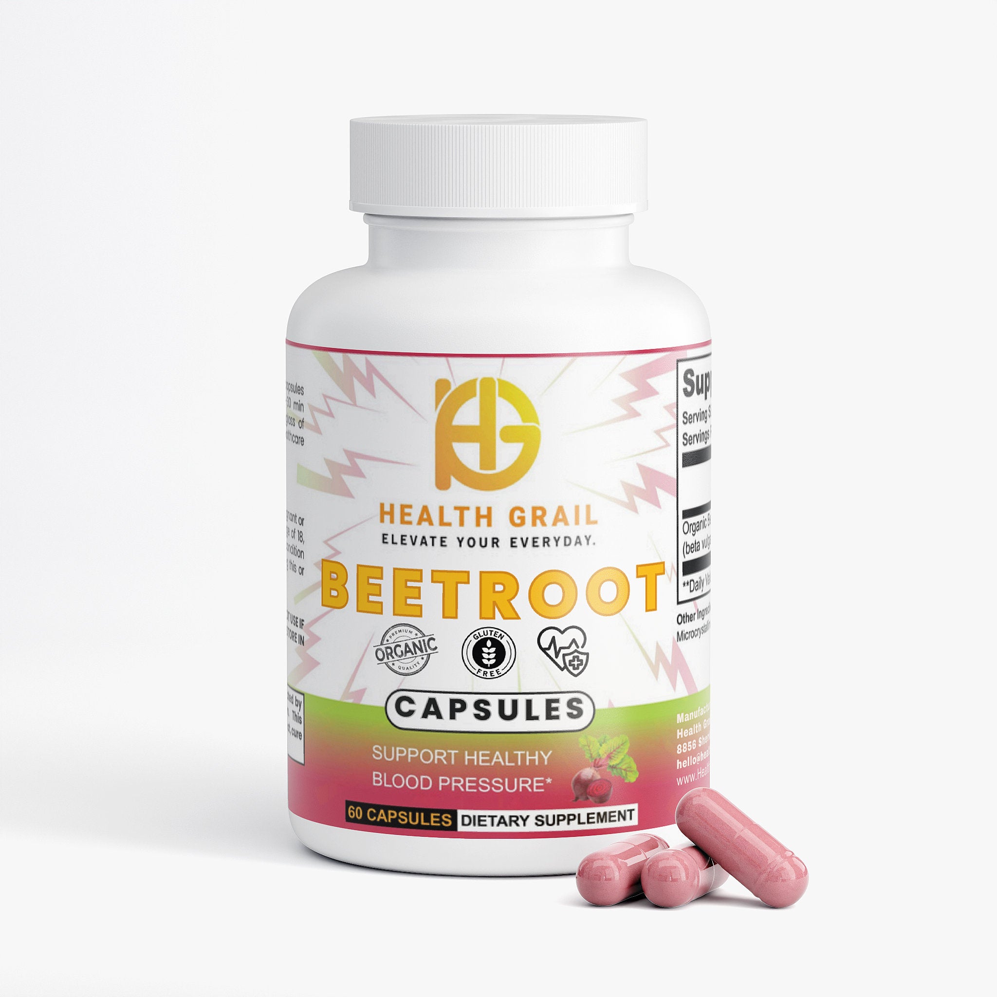 Supplement bottle labeled 'Health Grail Beetroot' with pink capsules on a white background