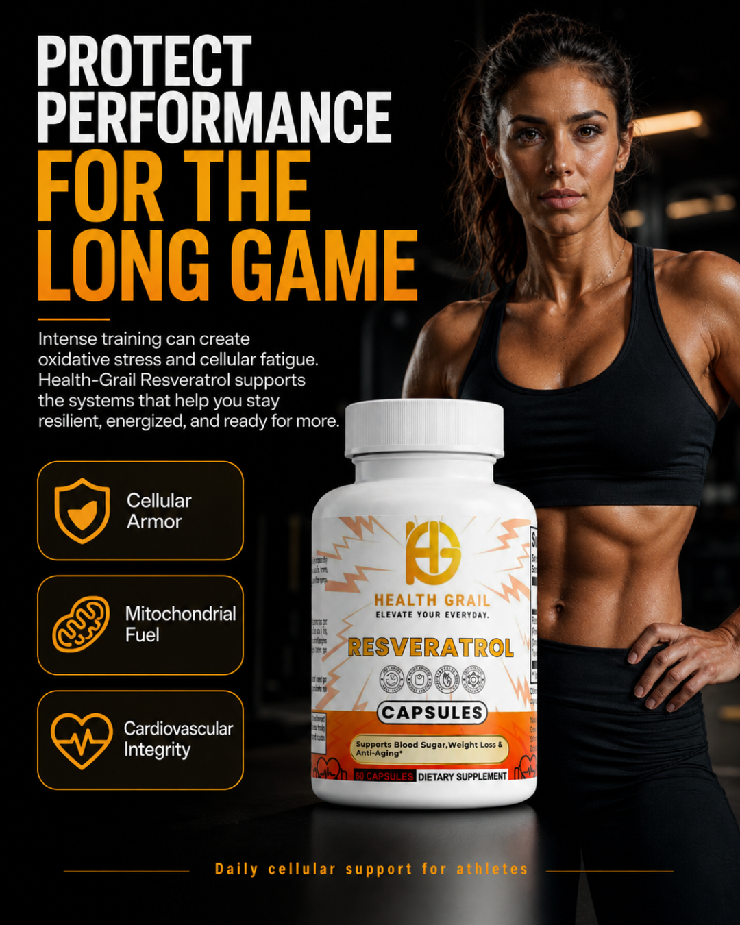 Supplement bottle with a woman in a gym setting, promoting 'Health-Grail Resveratrol' for athletic performance.