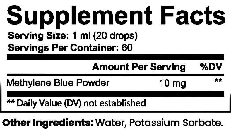 Supplement facts label for Methylene Blue Powder with serving size, servings per container, and ingredient list.
