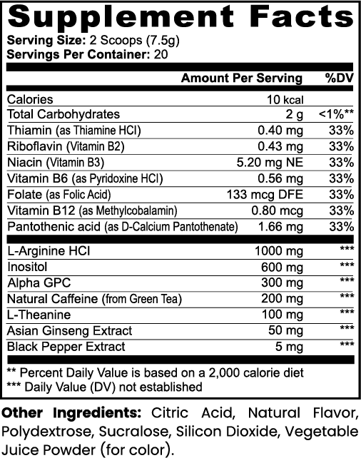 Supplement facts label with various vitamins and minerals listed