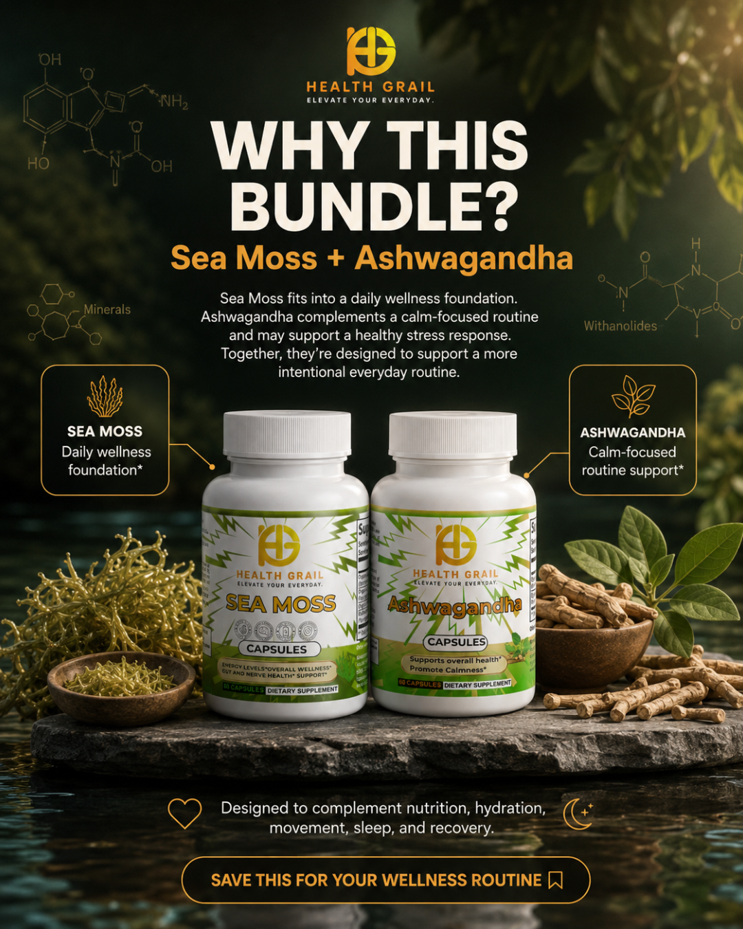 Two bottles of Health Grail Sea Moss and Ashwagandha capsules displayed on a stone surface with sea moss, ashwagandha roots, and water in the background, under the headline 'WHY THIS BUNDLE?'.