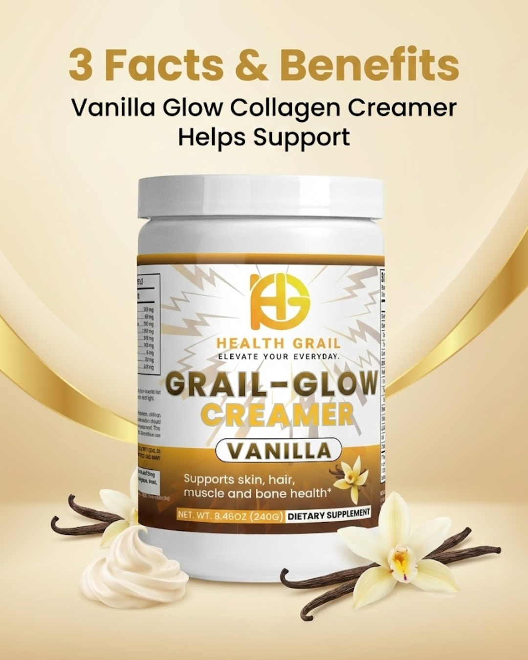 Vanilla Glow Collagen Creamer container with vanilla flowers and text on a beige background