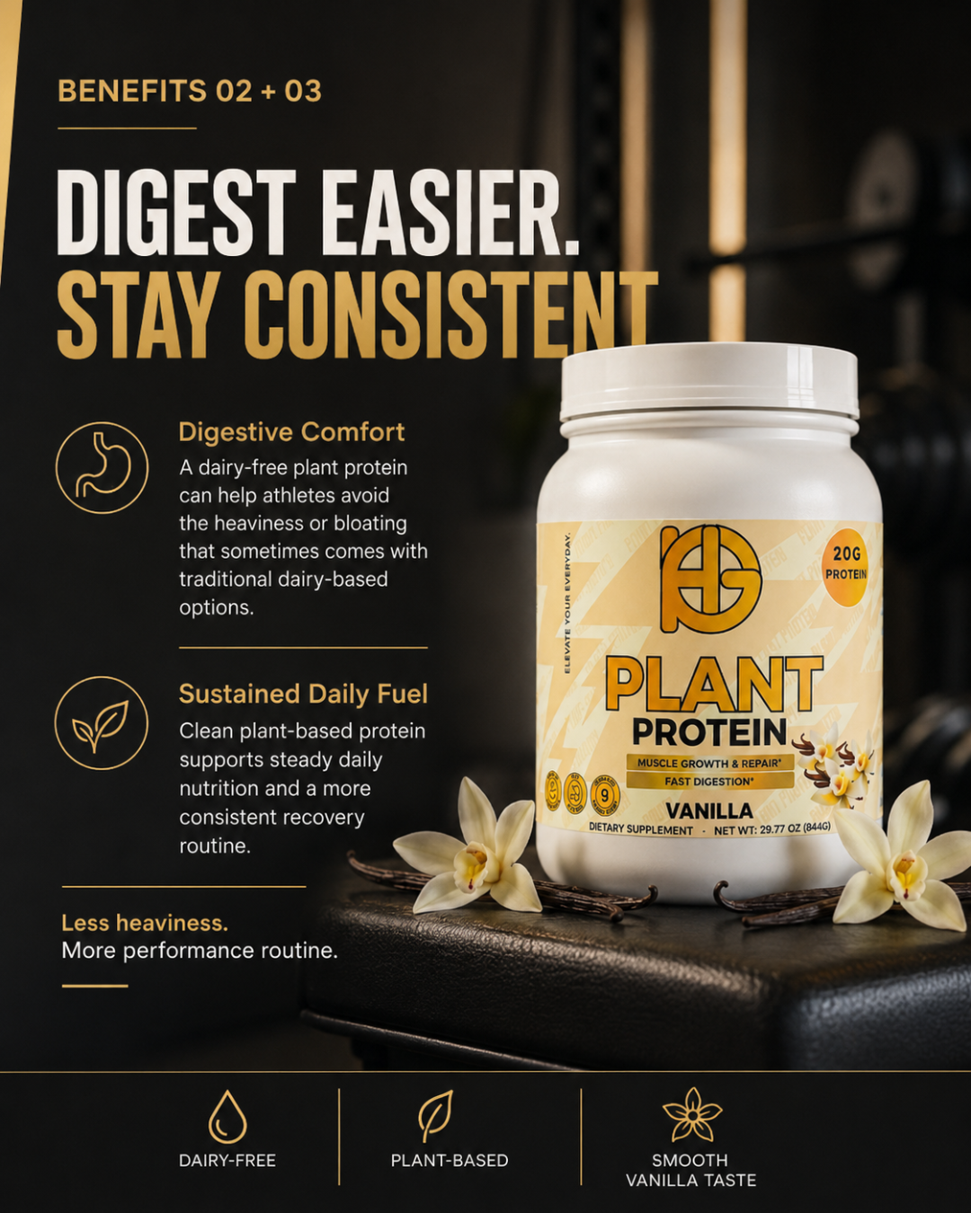 Plant protein supplement container with vanilla flavor on a dark background