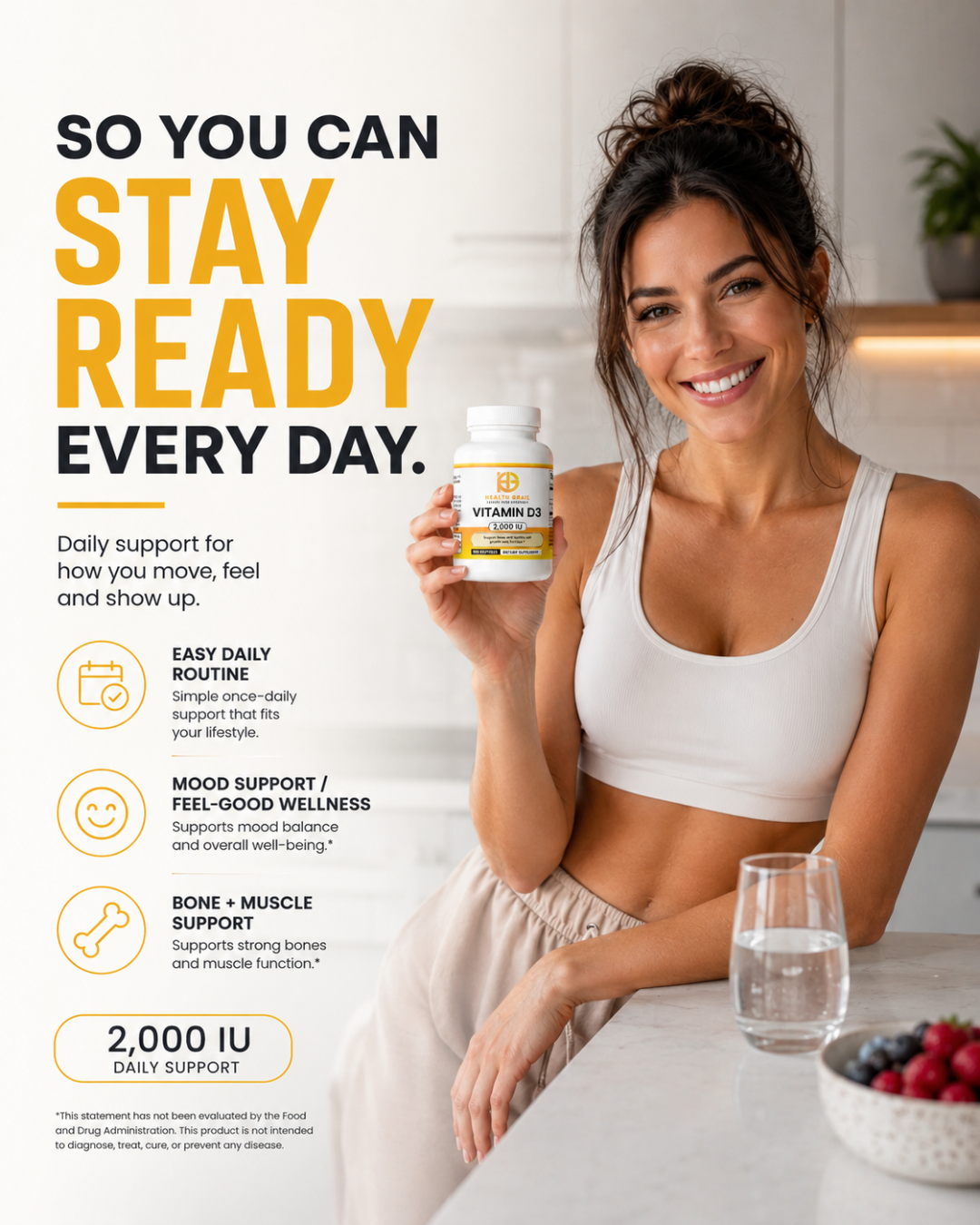 Woman holding a supplement bottle with promotional text about daily support in a kitchen setting