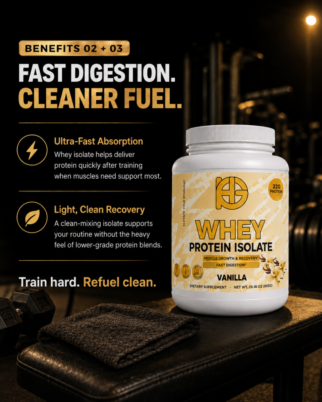 Whey protein isolate container with benefits text on a dark background