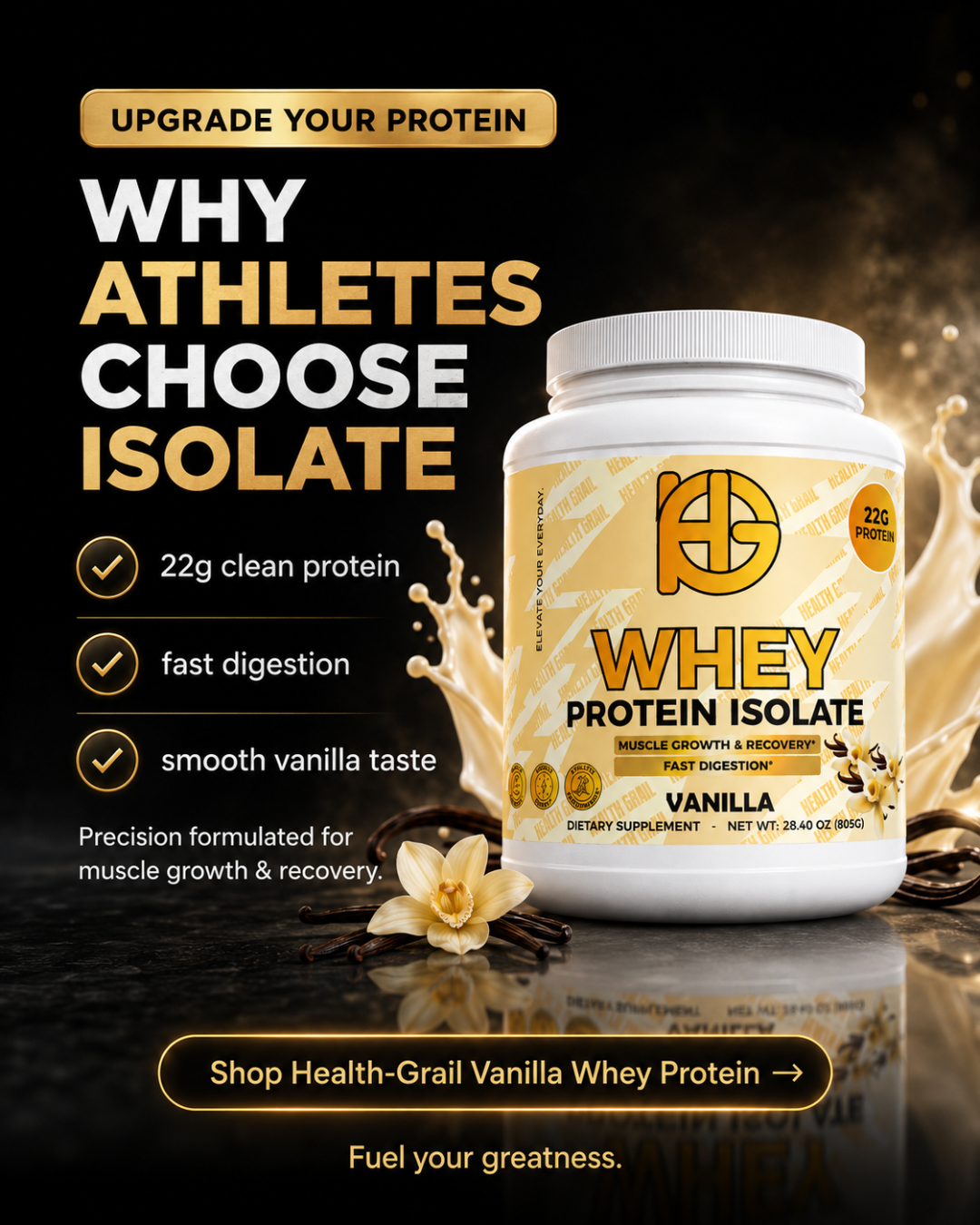 Whey protein isolate container with vanilla flavor on a dark background