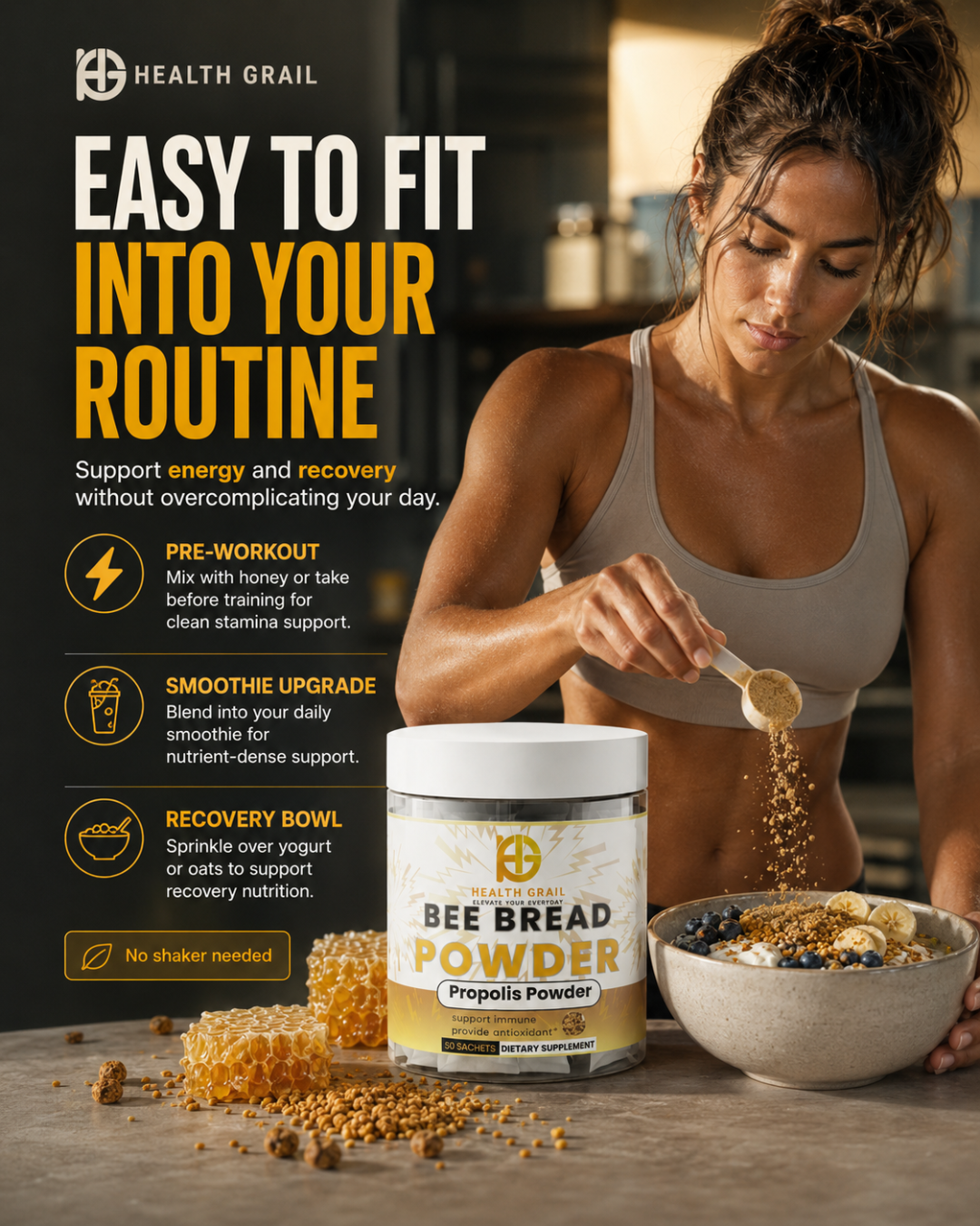 Woman adding Health Grail Bee Bread Powder to a bowl with text about easy incorporation into routine.