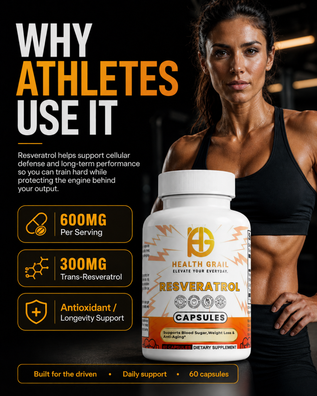 Woman holding a supplement bottle with text about resveratrol benefits on a dark background