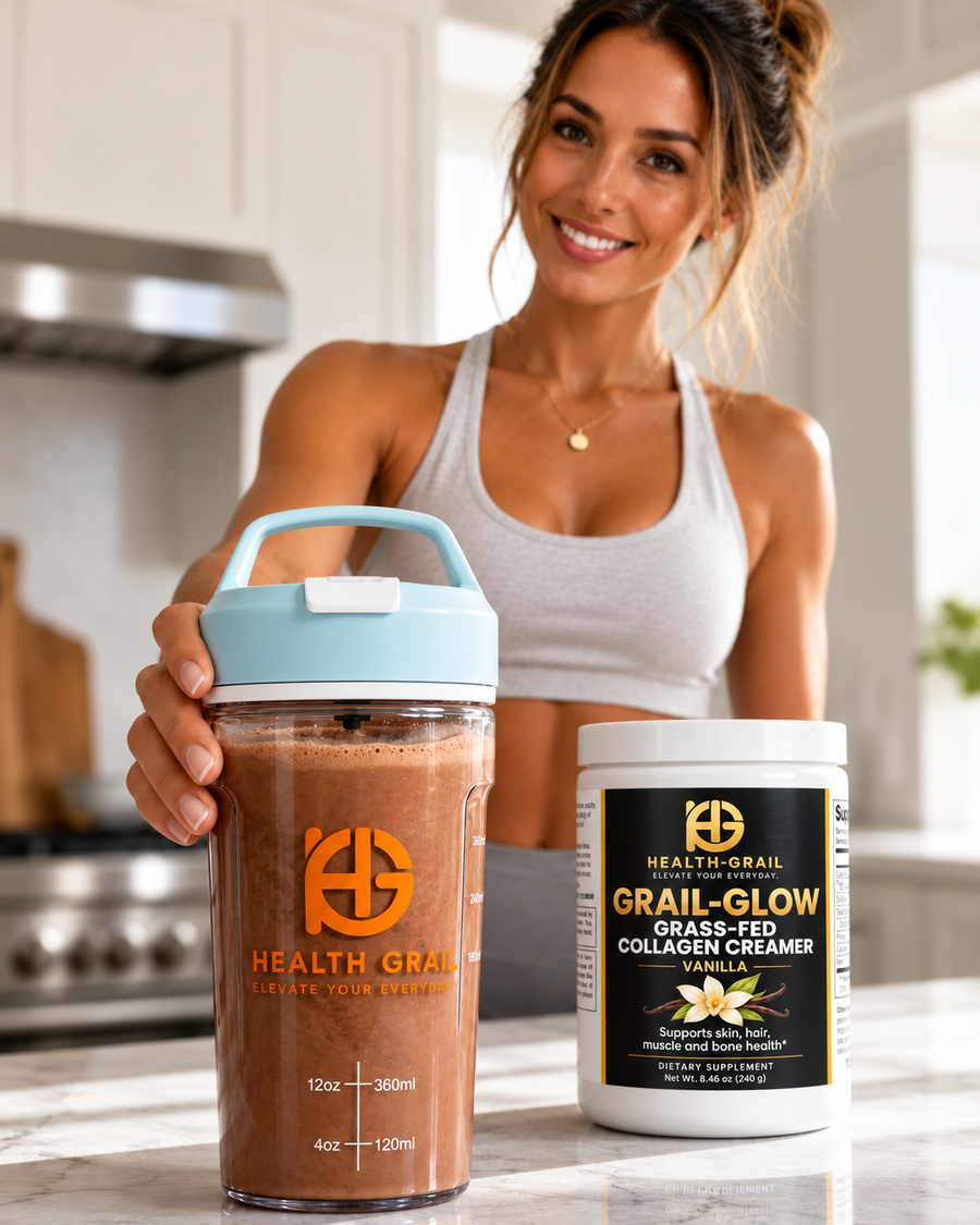 Aqua Health-Grail electric protein shaker with a prepared drink beside Vanilla Collagen Creamer in a kitchen; collagen sold separately.
