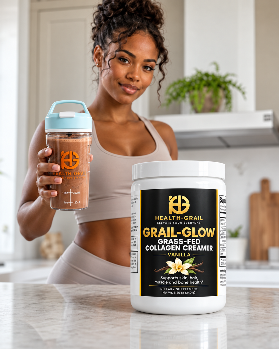 Woman holding an aqua Health-Grail electric shaker beside Vanilla Collagen Creamer; collagen sold separately.
