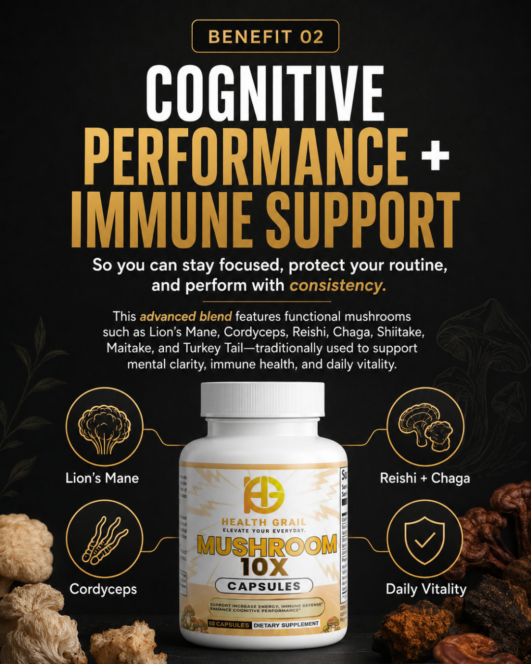 Mushroom supplement bottle with text highlighting cognitive performance and immune support on a dark background.